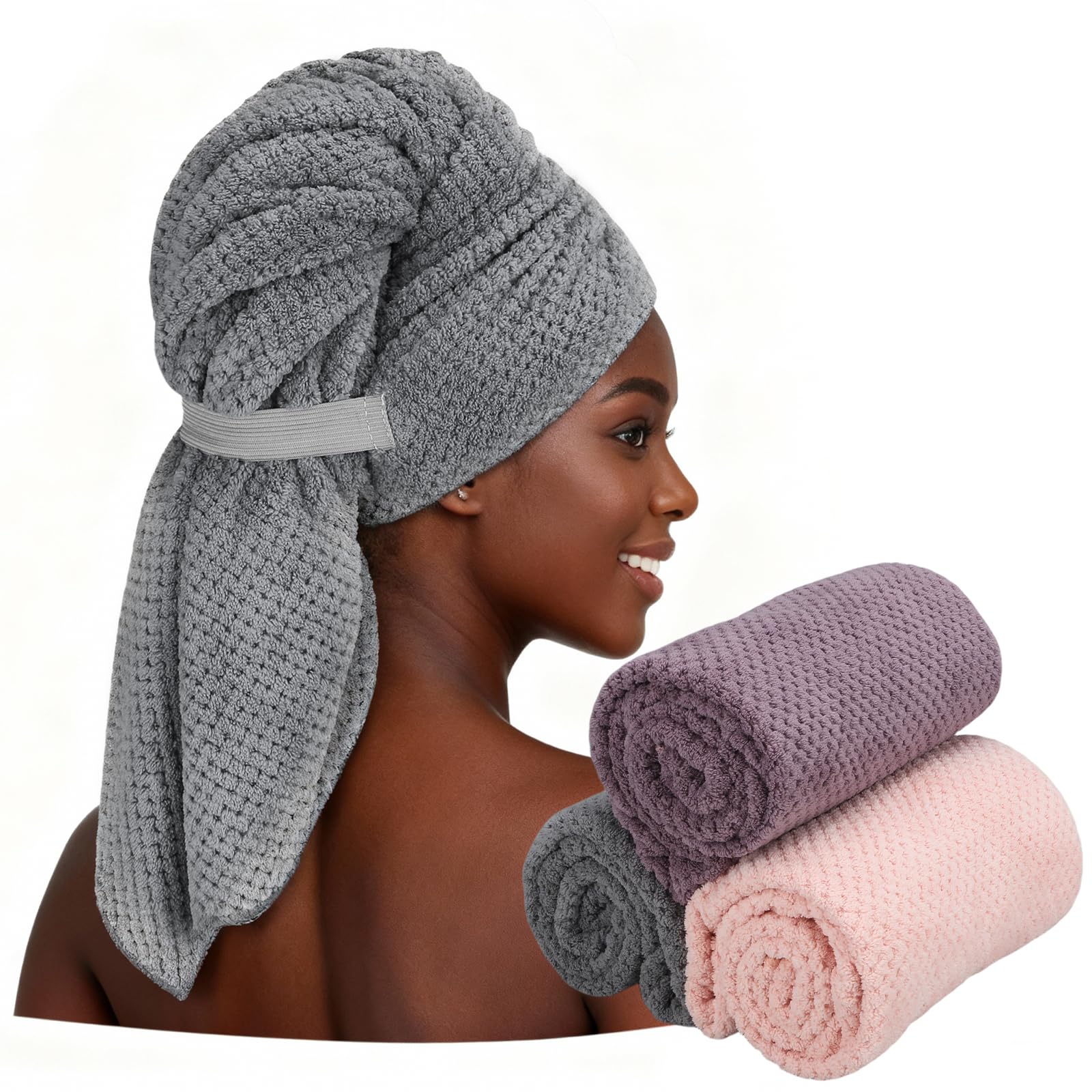 HAPPY FINDING 3PCS Large Hair Turban Wrap for Women Microfibre Hair Towels Fast Drying Turbans for Long, Thick, Curly Hair(40 * 24 Inch)