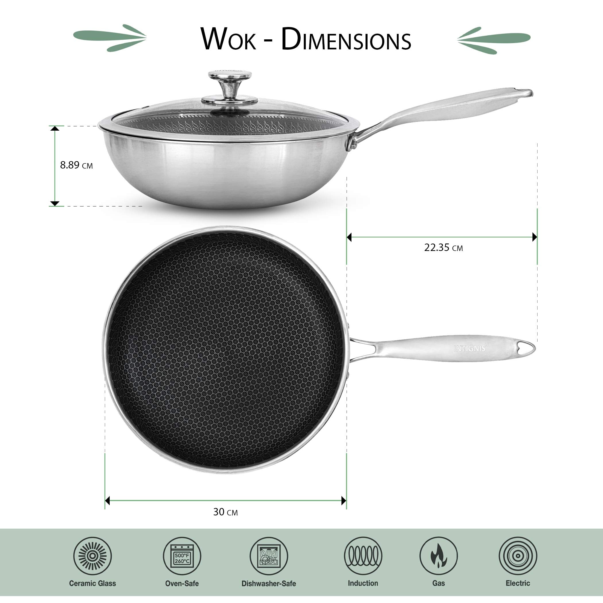 INTIGNIS Wok with Oven-Safe Lid - Anti Scratch Kitchen, for Sauting, Roasting, Broiling Large 30cm Stainless-Steel Skillet - German GREBLON
