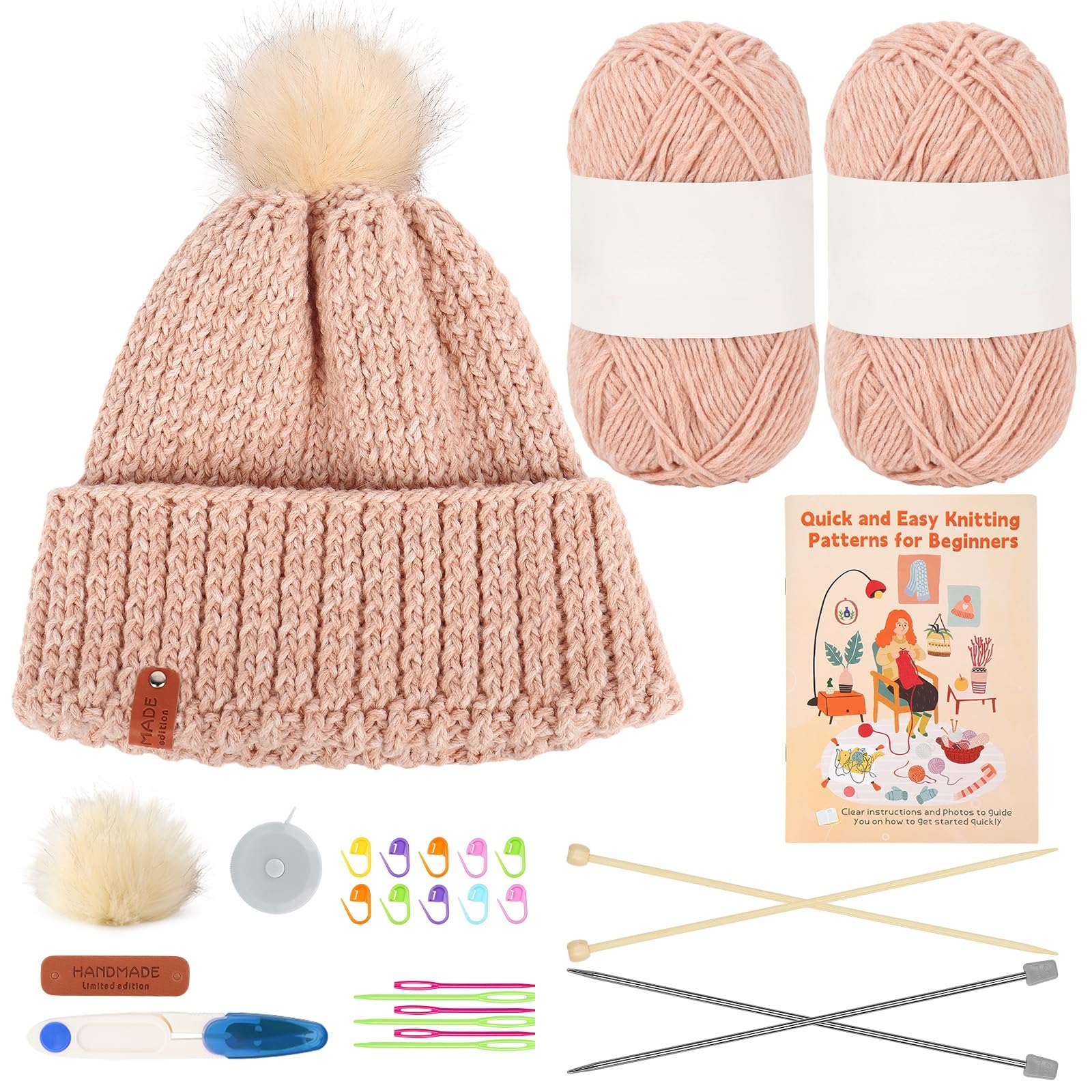 Reessy Knitting Kits for Beginners Adults, Beanie Hat Knitting Starter Kit for Adults Learning to Knit Include Knitting Book 2 Pairs Knitting Needles