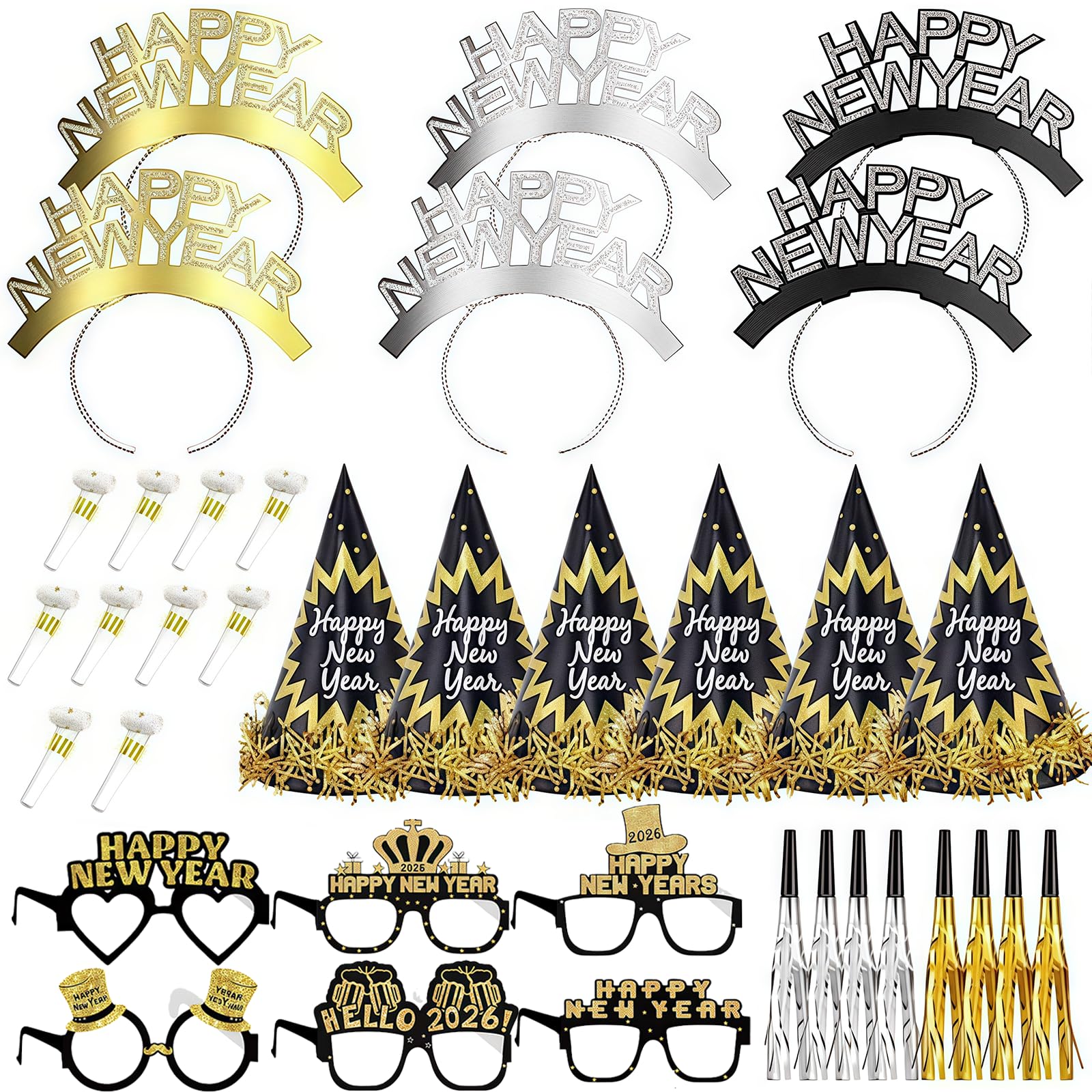 Solihigh 36pcs New Year Eve Party Supplies 2026, Happy New Years Headband Cone Party Hats Glitter Paper Eyeglasses and Blowers for Kids & Adults Noise
