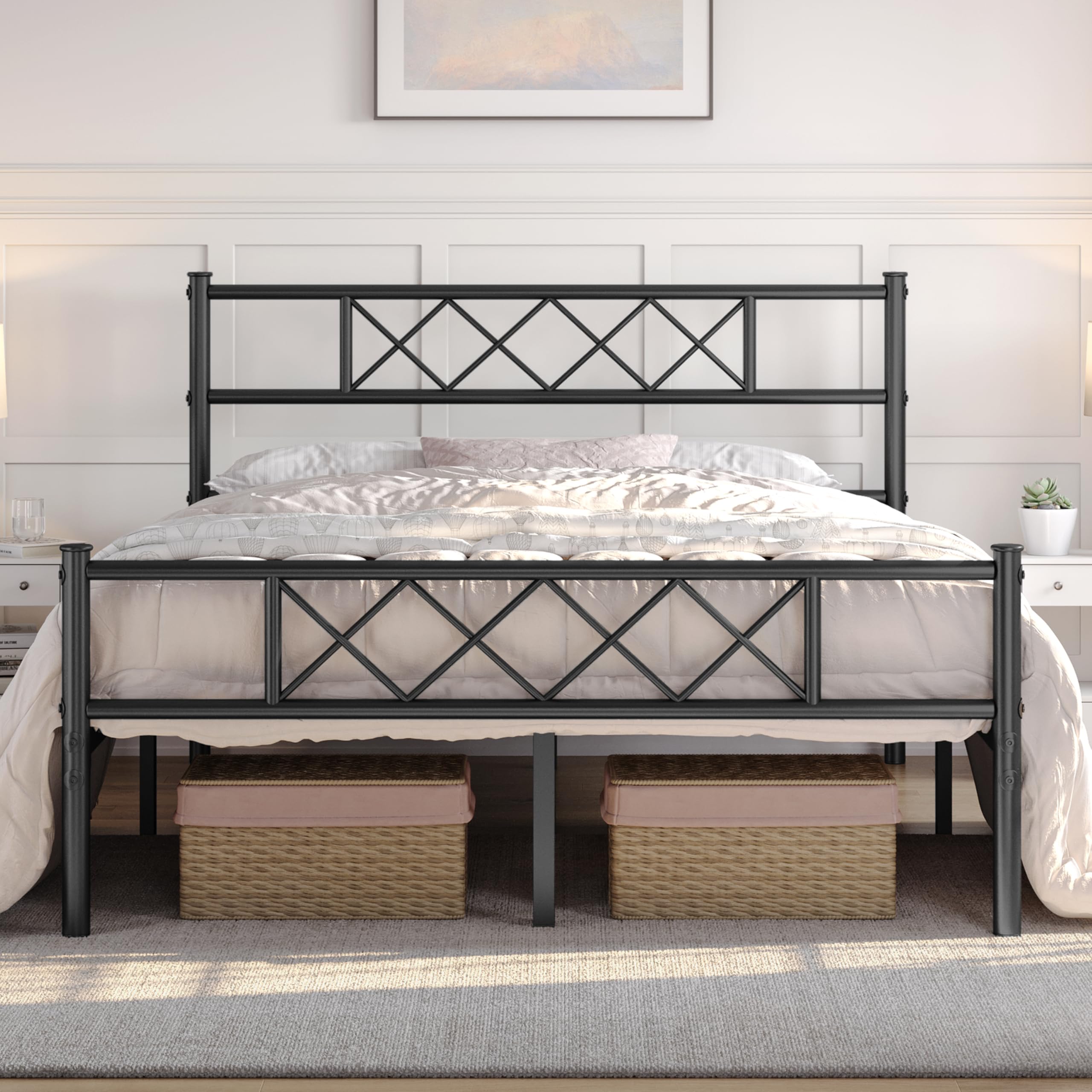 Yaheetech 5ft King Bed, Metal Bed Frame Mattress Foundation with Cross-design Headboard & Footboard, Slatted Bed Base for Teenagers/Adults, Black