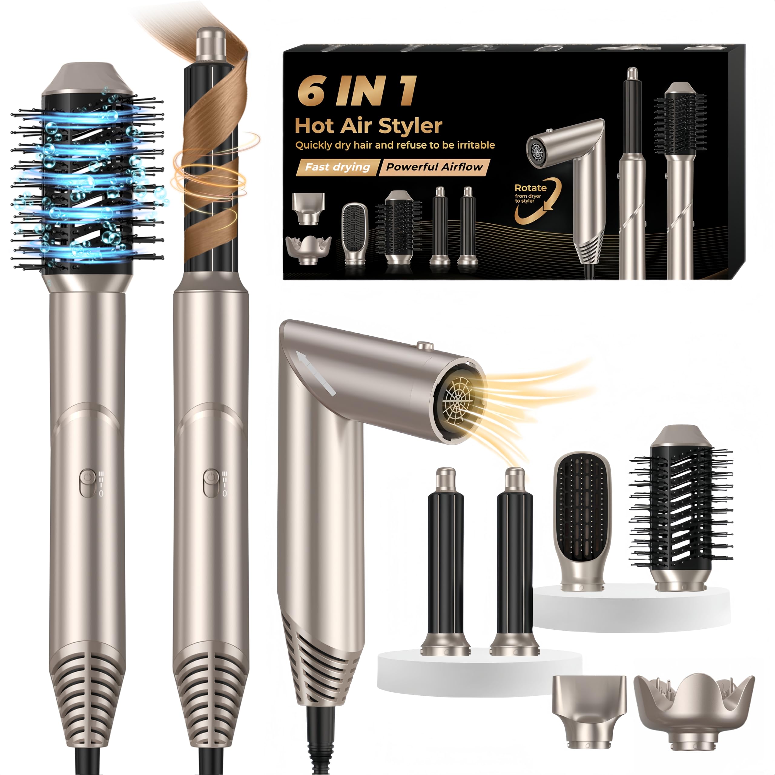 6 in 1 Hair Air Styler with Air Curling Wands, Multi-use Ionic Hair Blow Dryer Diffuser Nozzle Set Styling Tools Hair Styler Curler Airstyler for