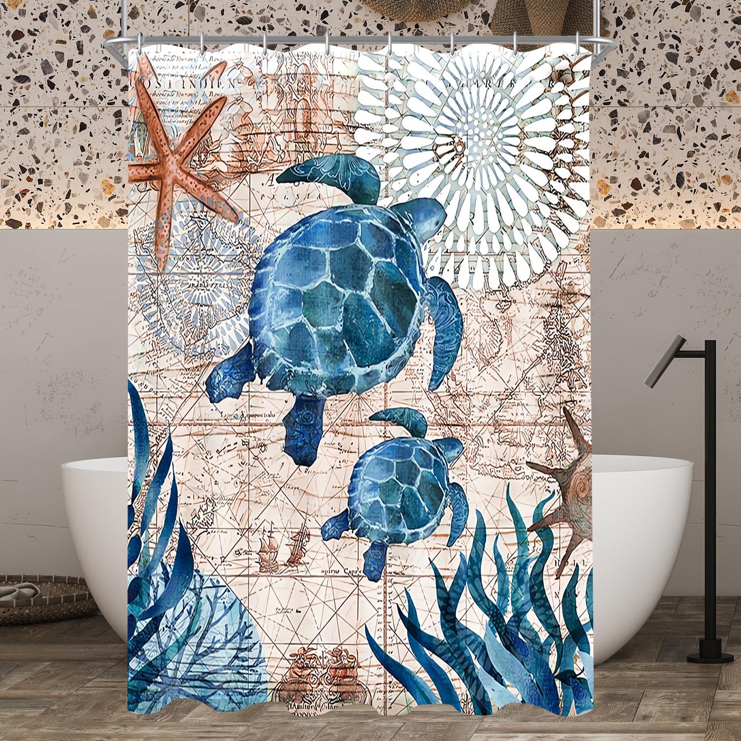 Lerores Shower Curtain, 150 x 200 cm, Sea Turtle, Weighted Hem, Anti-Mould, Water-Repellent, Washable Polyester Fabric Bath Curtains with Eyelets and