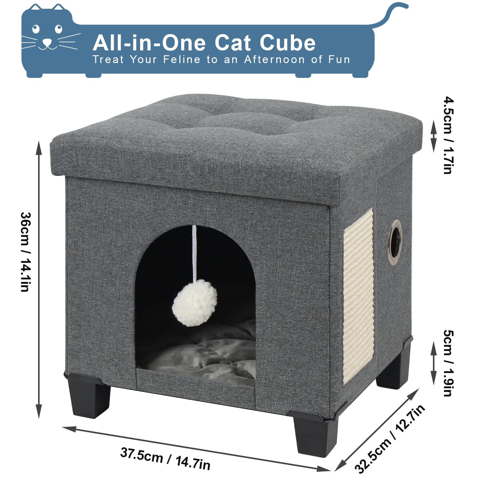 BRIAN & DANY Collapsible Cat Cave for Indoor Cats, Multifunctional Cube Cat House with Cat Scratch Board & Ball, 37.5 x 32.5 x 36 cm, Gray