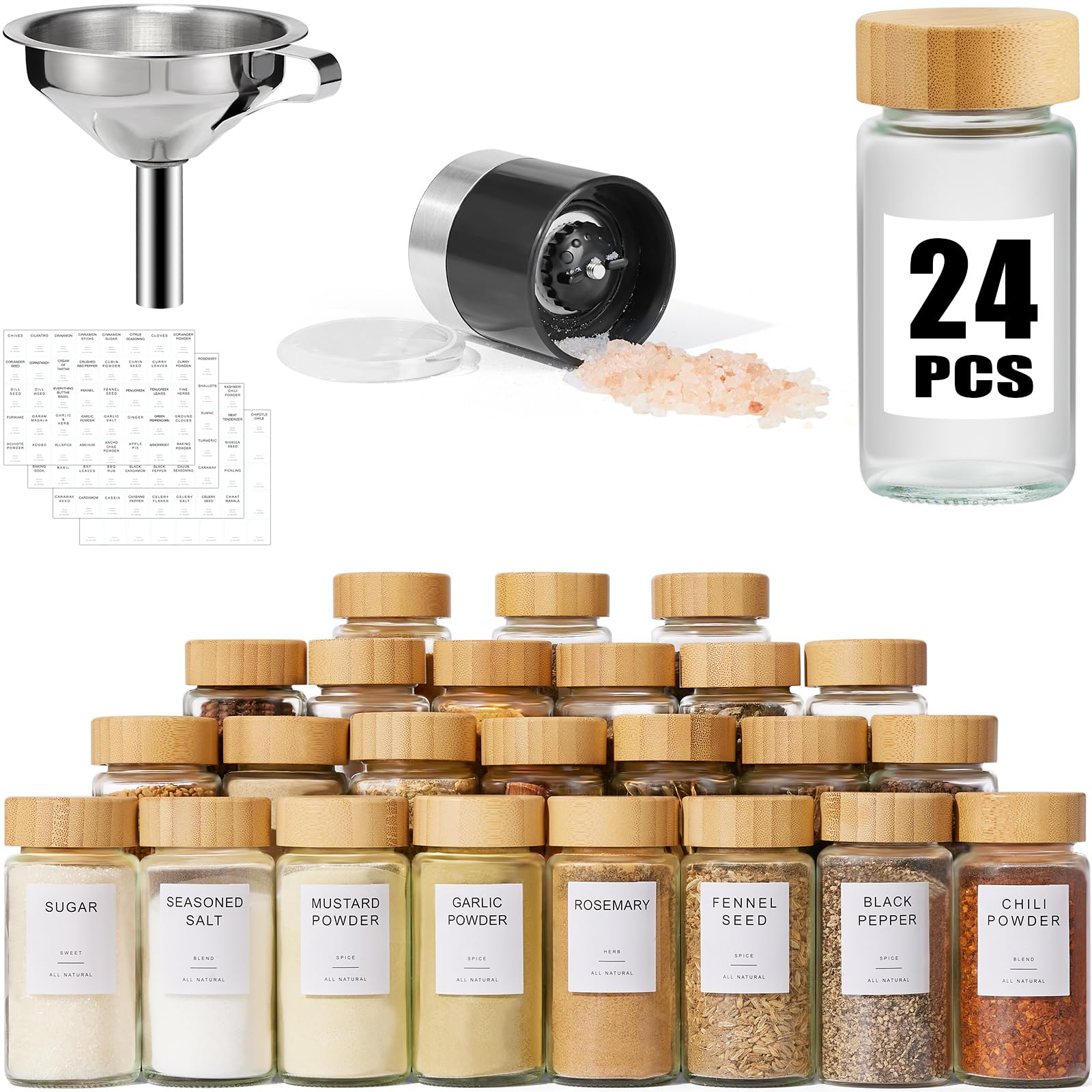 Yangbaga 24PCS Glass Spice Jars set-120ml Glass Jars With Bamboo Lids with Shaker Lids- Spices & Seasoning -Kitchen Storage & Organisation of Spice
