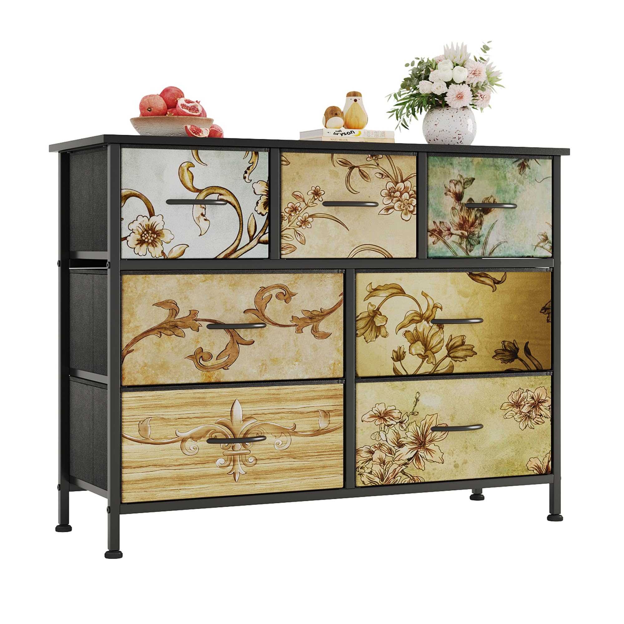 Flrrtenv Chest of Drawers Bedroom with 7 Drawers, Tall Fabric Dressers with Flower Printing, Dresser for Entryway Hallway Living Room, Closet Storage