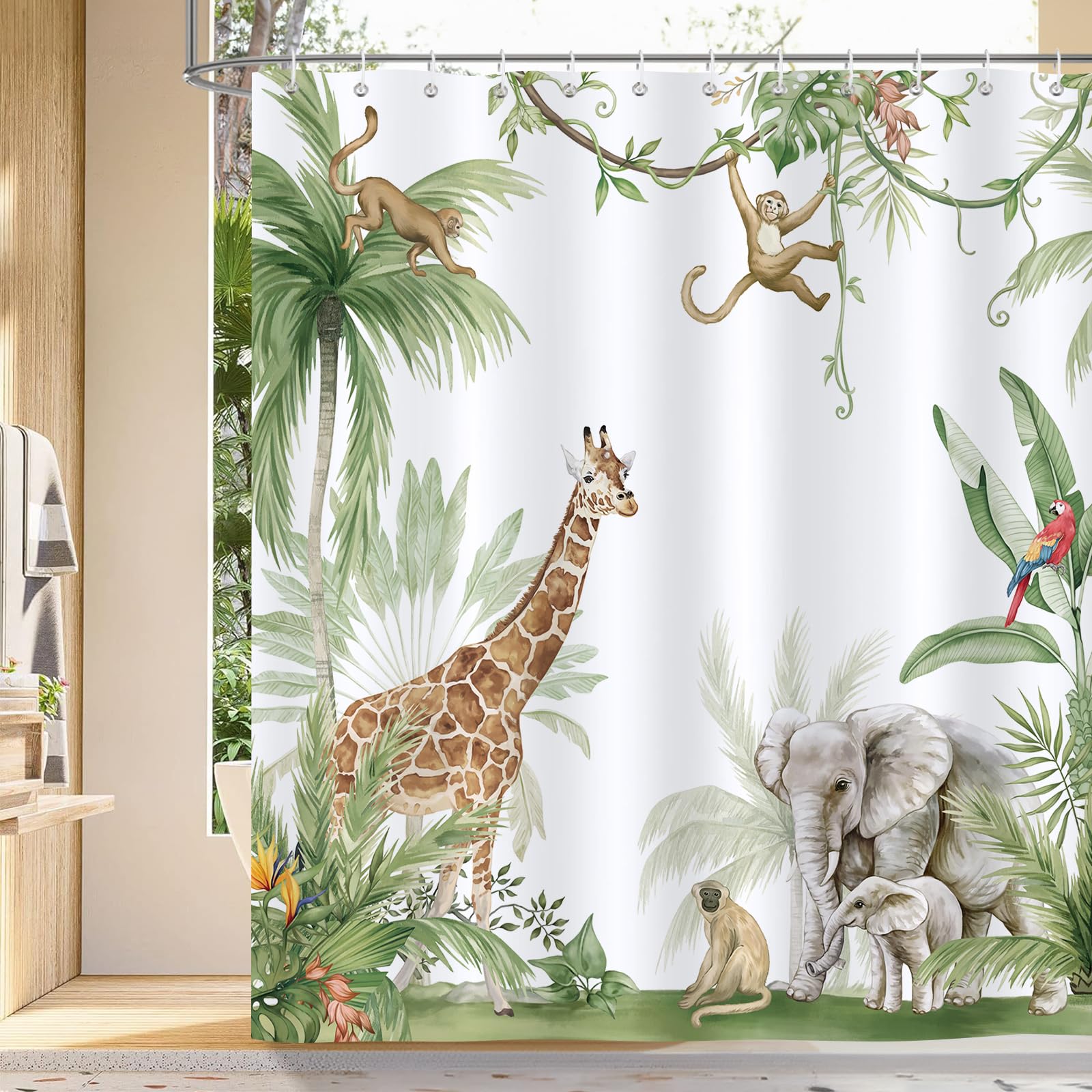 Bonhause Tropical Rainforest Animals Shower Curtain 180 x 180 cm Jungle Giraffe Elephant Bathroom Curtain Waterproof Mildew & Mould Resistant