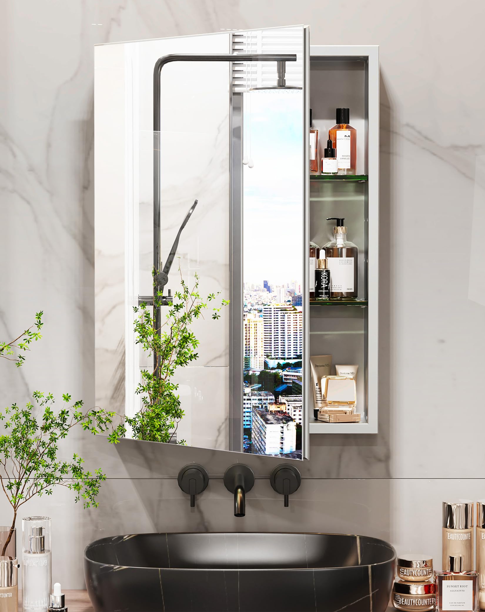 LUVODI Medicine Cabinet with Double Mirrors: 500x700mm Bathroom Vanity Mirrored Cabinet with Storage Single Door Wall Mounted Aluminum Alloy Living