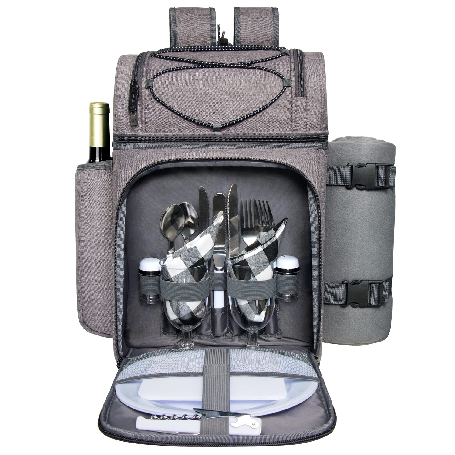 Hap Tim Picnic Basket Backpack for 2 Person with 2 Insulated Cooler Compartment, Wine Holder, Fleece Blanket, Cutlery Set,Perfect for Beach, Hiking,