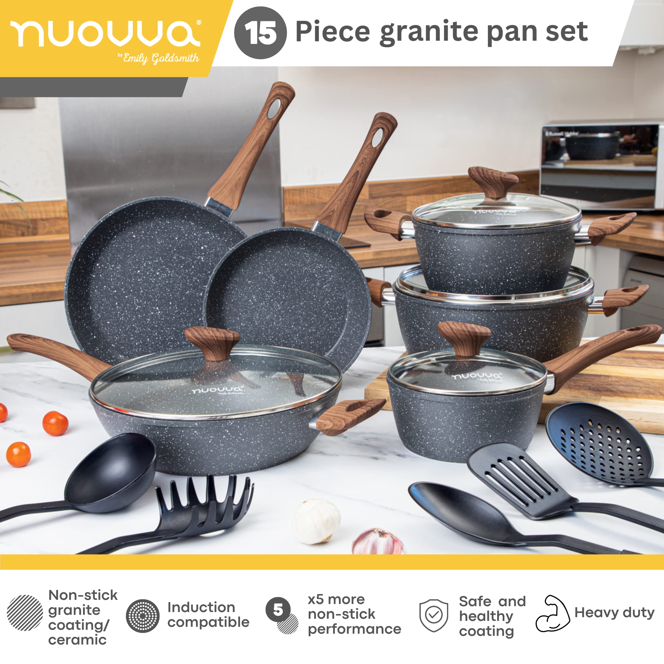 Non Stick Pots and Pans Set Induction Hob Pots Set 15pcs Kitchen Cookware with Lids Cooking Marble Saucepan Pots - by Nuovva
