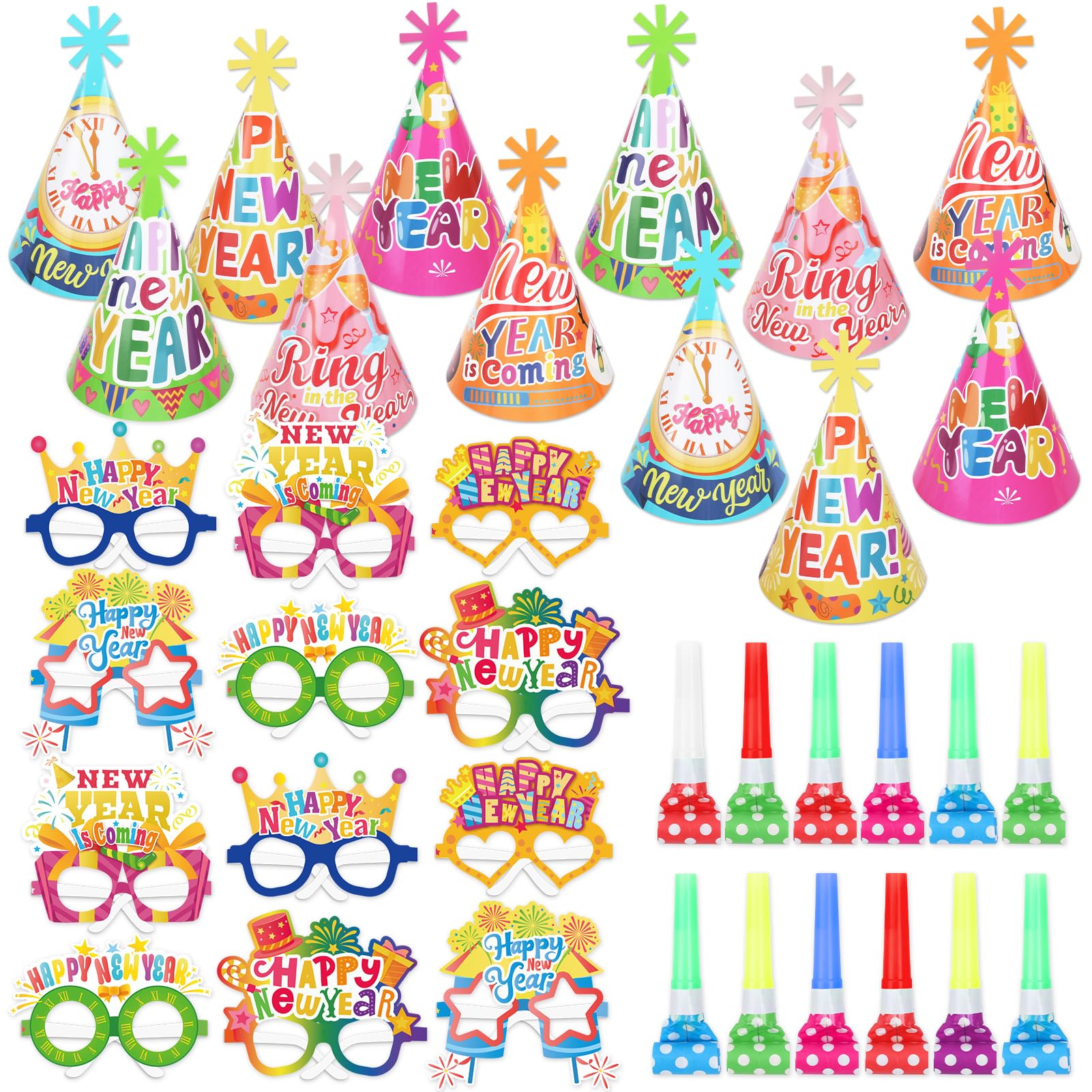 HOWAF New Years Eve Decorations 2026 Accessories, Happy New Year Headband, Party Hats, Glasses, Party Blowers for NYE Party Decorations 2026, Set A
