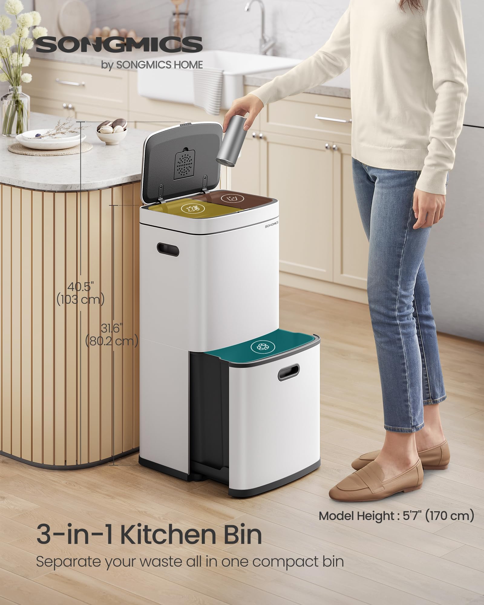 SONGMICS Kitchen Bin, 3-Compartment Rubbish Bin, 2 x 2.6 Gallons (10 L) and 7.9 Gallons (30 L), Steel, Space-Saving, Inner Buckets, Carbon Filter,