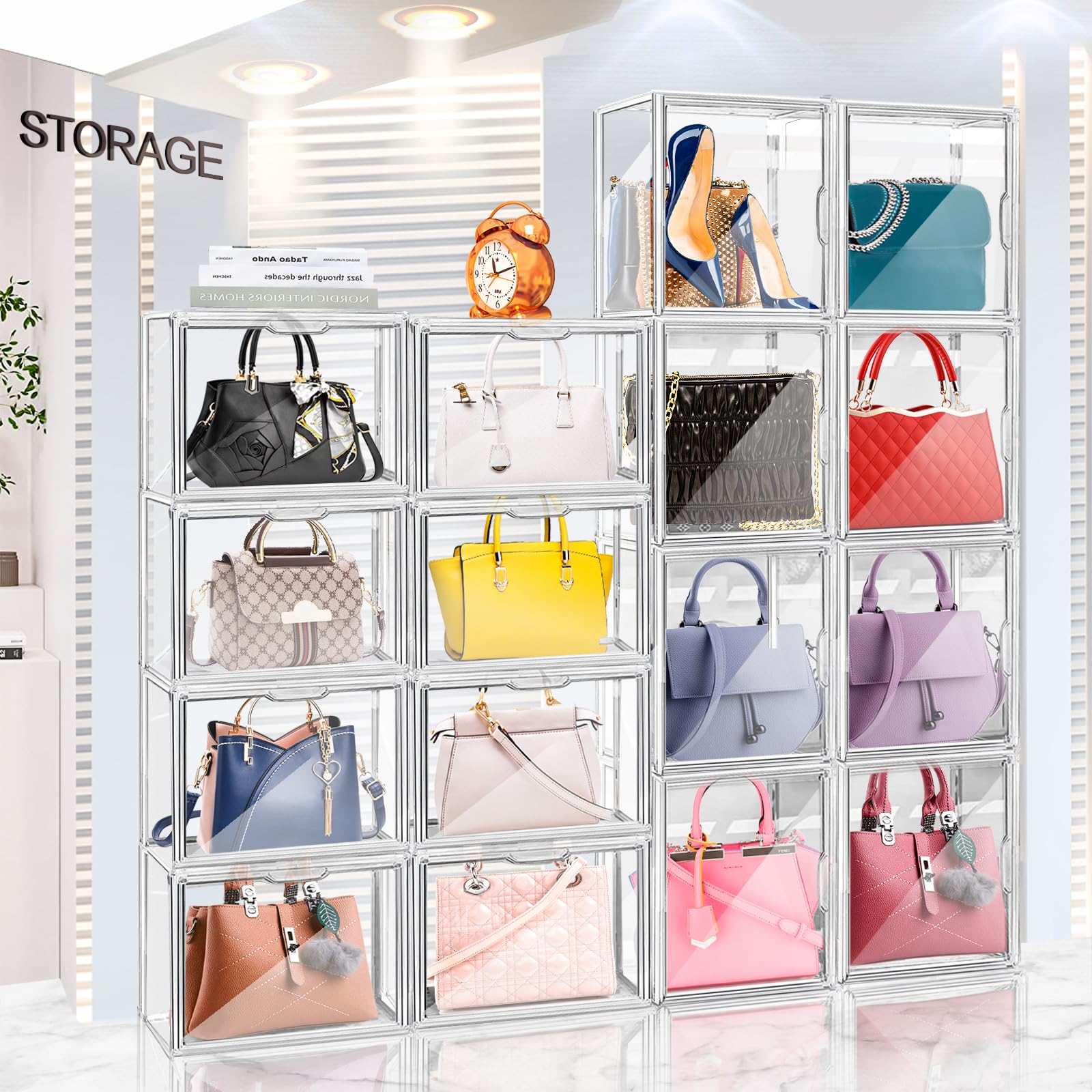 LINYAPRY 4 Packs Clear Plastic Handbag Storage Organizer for Closet, Acrylic Display Box for Handbag, Stackable Storage Boxes Bag Organizer with