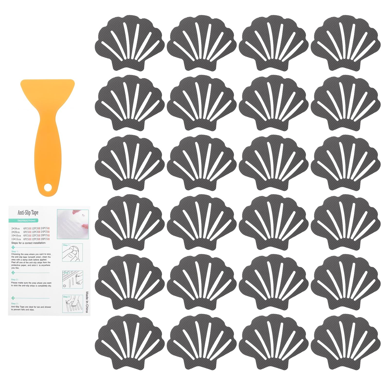 sourcing map 24Pcs Non-Slip Bathtub Stickers, 9x7 cm Shell Shape Shower Floor Non Slip Stickers with Scraper for Bathroom Shower Stairs Ladders, Gray