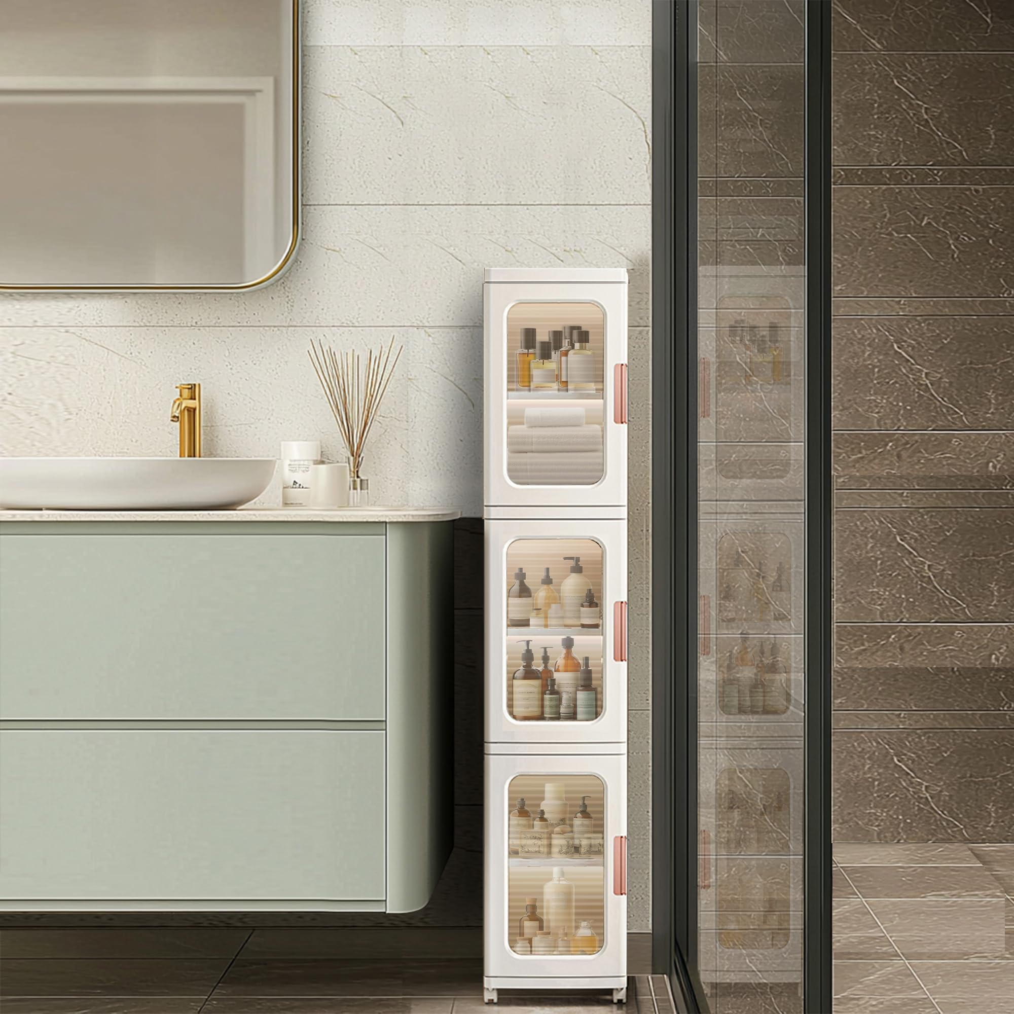 Lacusmall 3 Layers Slim Bathroom Cabinet, Narrow Bathroom Storage Cabinet with Wheels - Under Sink Bathroom Cupboard, Plastic Drawers Storage Unit for