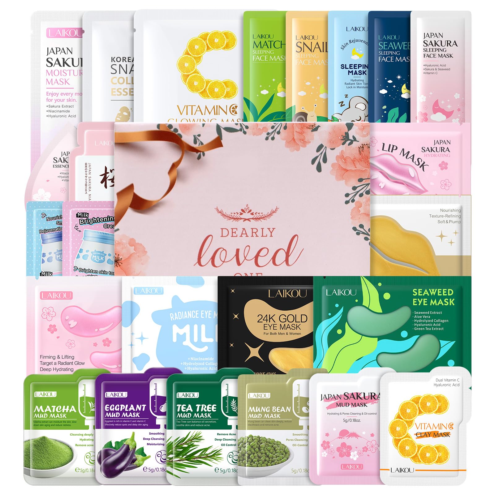 LAIKOU Face Mask Skincare Set, 24 Pcs Pamper Gifts for Women, 3 x Face Masks, 5 x Sleeping Masks, 6 x Mud Masks, 4 x Face Creams, 4 x Eye & 2 x Lip