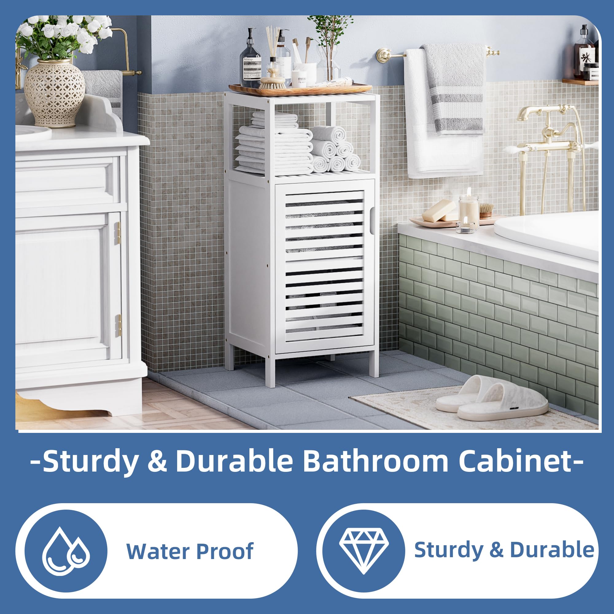 HITNET Bamboo Bathroom Storage Cabinet, 4 Tier Small White Floor Cabinet, Freestanding Narrow Slim Storage Organizer with Single Door