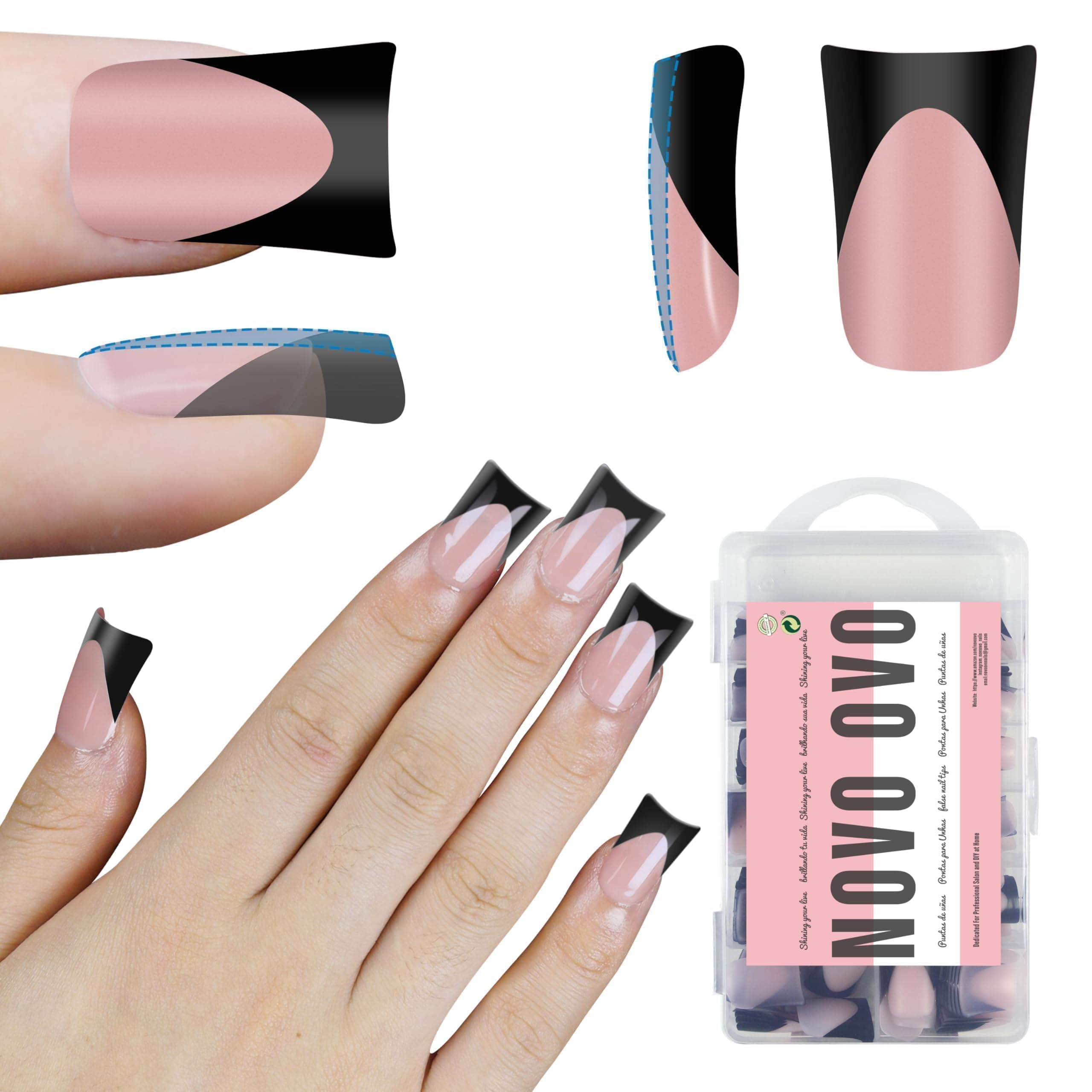 NOVO OVO Halloween Black French Tip Short Duck Nail Tips Press on, BABY PINK Pre-designed Soft Gel Nail Extension, Extra thick Full Cover Matte Vrial