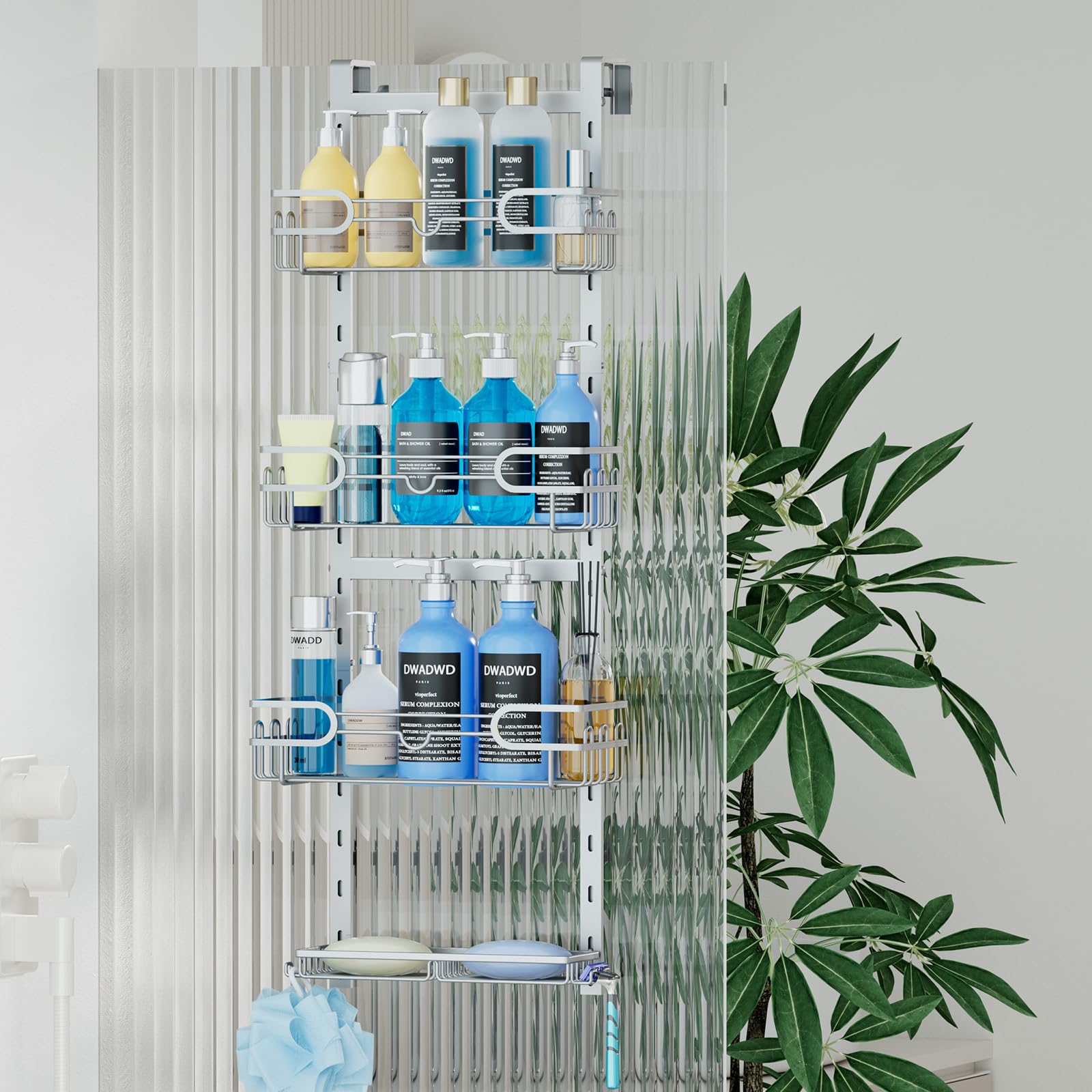 HapiRm Shower Caddy Hanging Silver - 4 Tier Over Door Shower Caddy with 2 Soap Holders, Adjustable Bathroom Shelf with 22 Hooks, Rustproof Easy