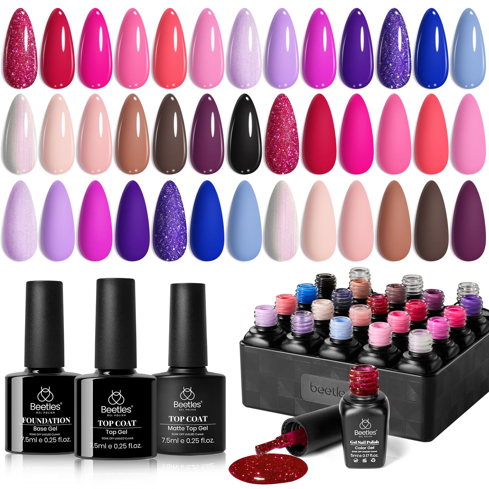 Beetles Gel Nail Polish Kit 20 Colors with 3Pcs Base Gel Glossy & Matte Top Coat Romance Rebellion Summer Trendy Pink Red Blue Purple Glitter Soak off