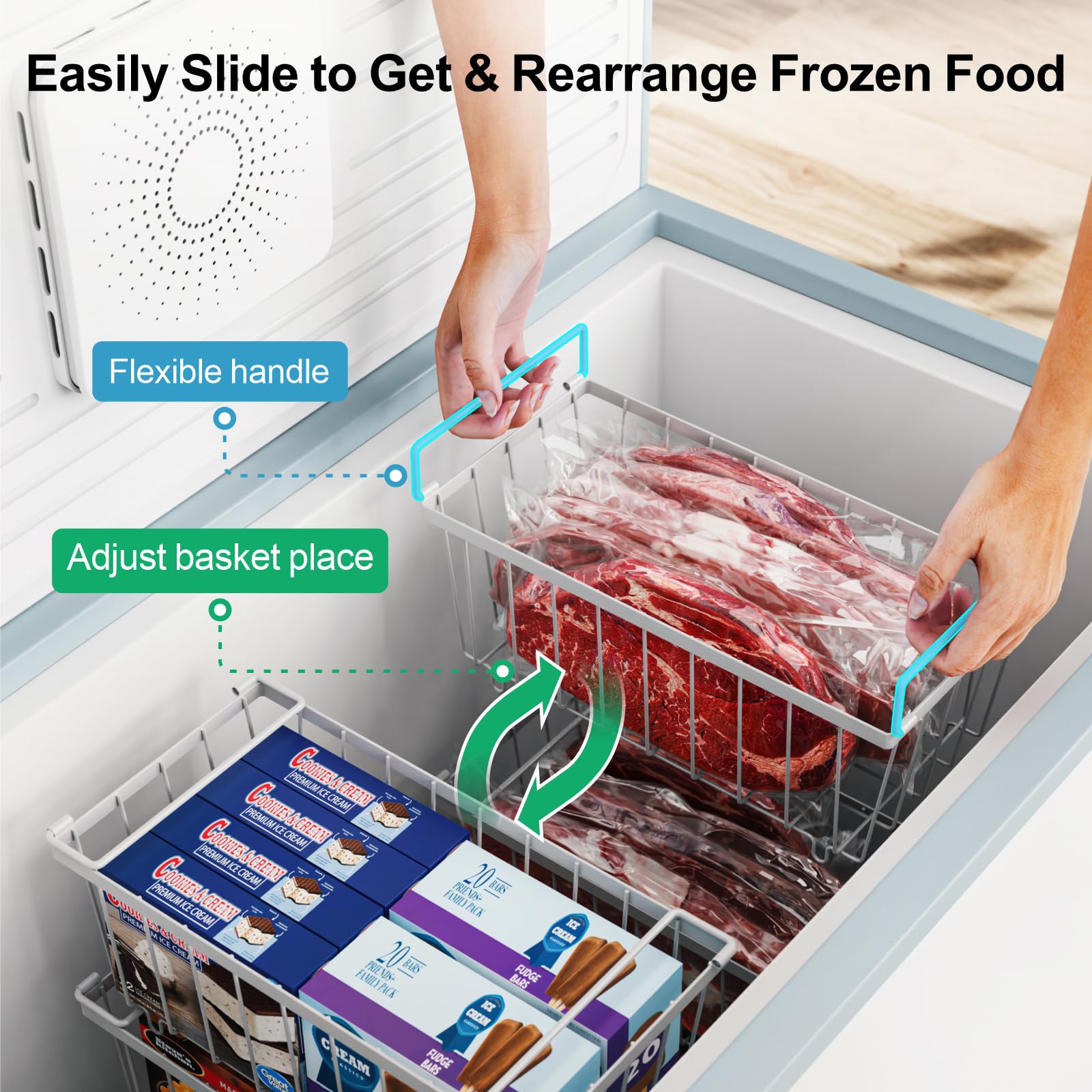 iSPECLE Chest Freezer Organiser - 5 Pack Stackable Baskets for 198L Deep Freezer, Easily Sort and Access Frozen Food with Handles, White