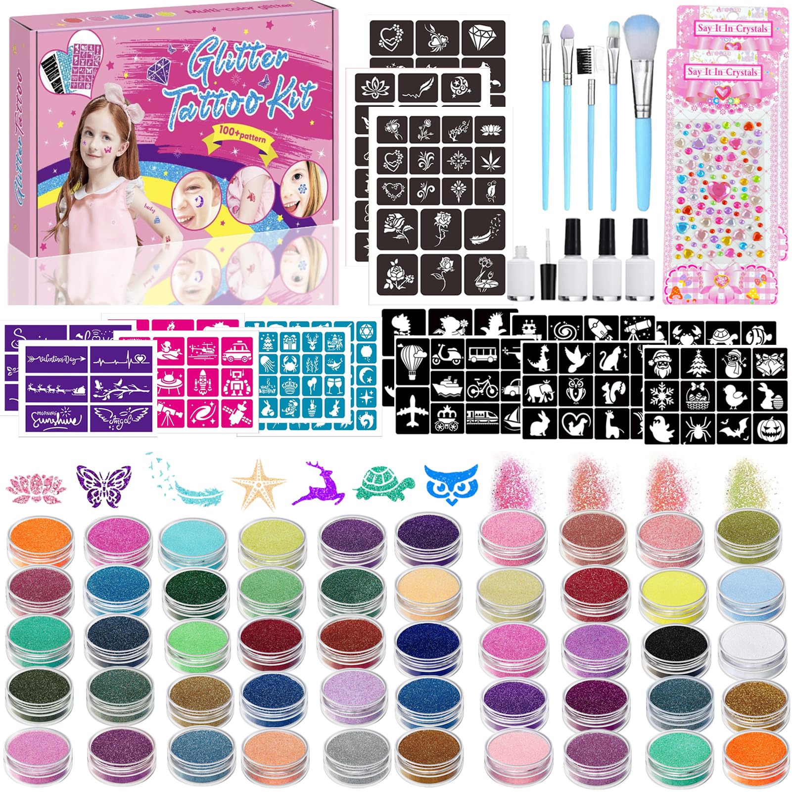 TEUVO 50 Colours Glitter Tattoos for Kids with 199 Tattoo Stencils, 230 Rhinestones, 5 Brushes Temporary Tattoo Kit Glitter for Girls Boys Christmas