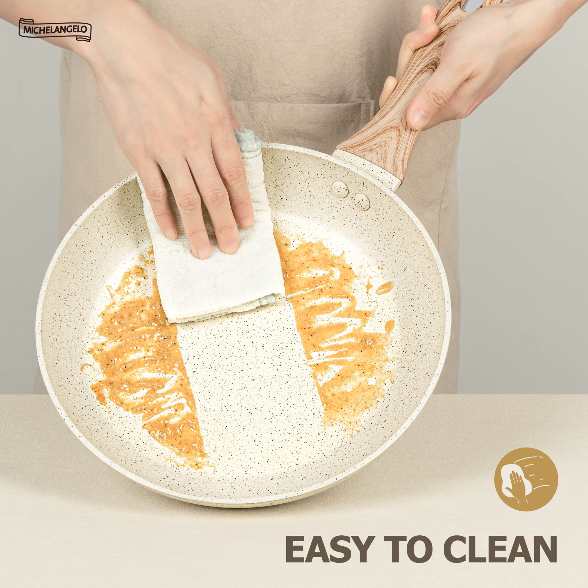 MICHELANGELO Frying Pan with Lid 26cm, Non-Toxic Stone-Derived with Bakelite Handle, Granite Pan for Induction, Cream White