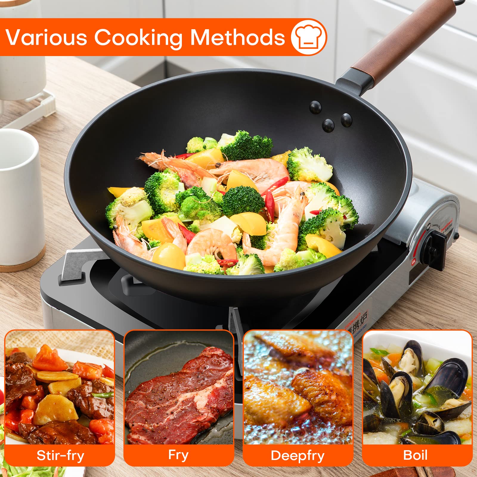 Jobin 33cm/5.6L Non Stick Wok with Lid of Iron Carbon Steel Frying Pan No Chemical Coated and Large Capacity for Cook Asian Dishes for 4-6 People,