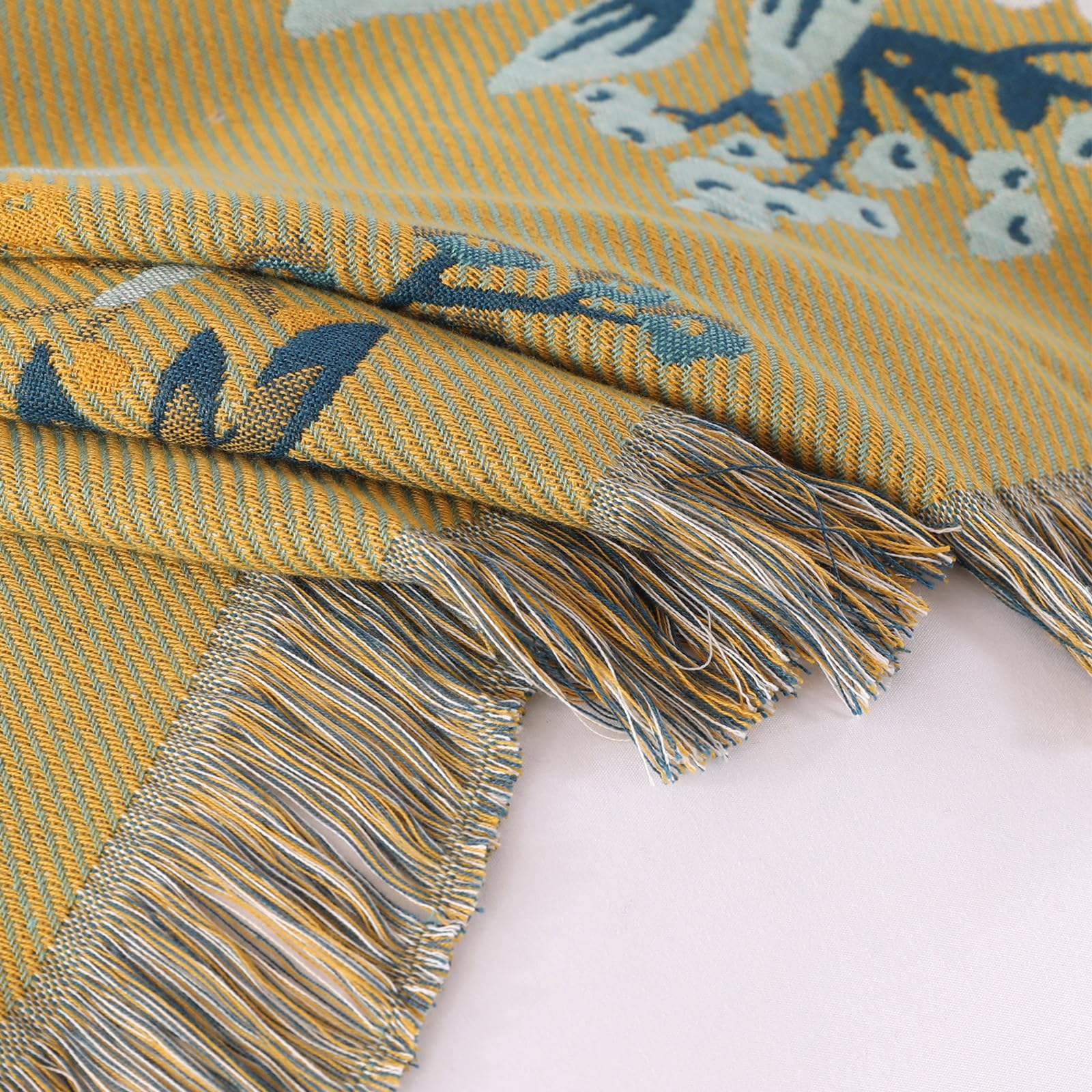 DECMAY Double-sided Throws for Sofas Large, Boho Sofa Bedspread Throw Blanket with Tassels, 100% Cotton Throw for Sofas, Bed and Armchair, Olive,