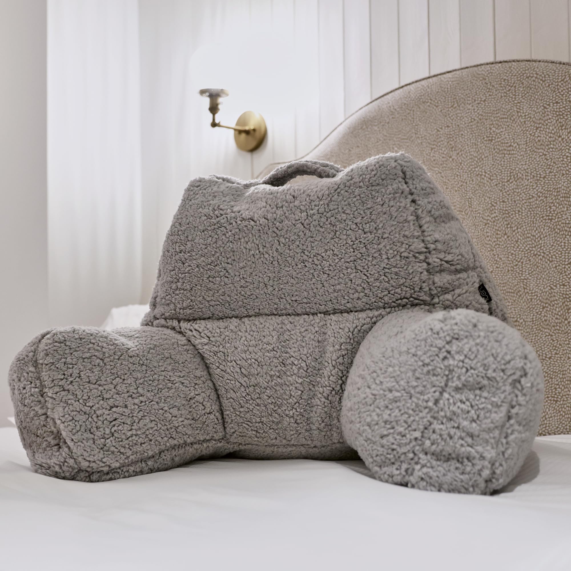 icon Teddy Bear Fluffy Fleece Cuddle Cushion, Grey, Reading Pillow, Back Support Cushion, Back Support Pillow for Bed with filling included, Ideal as