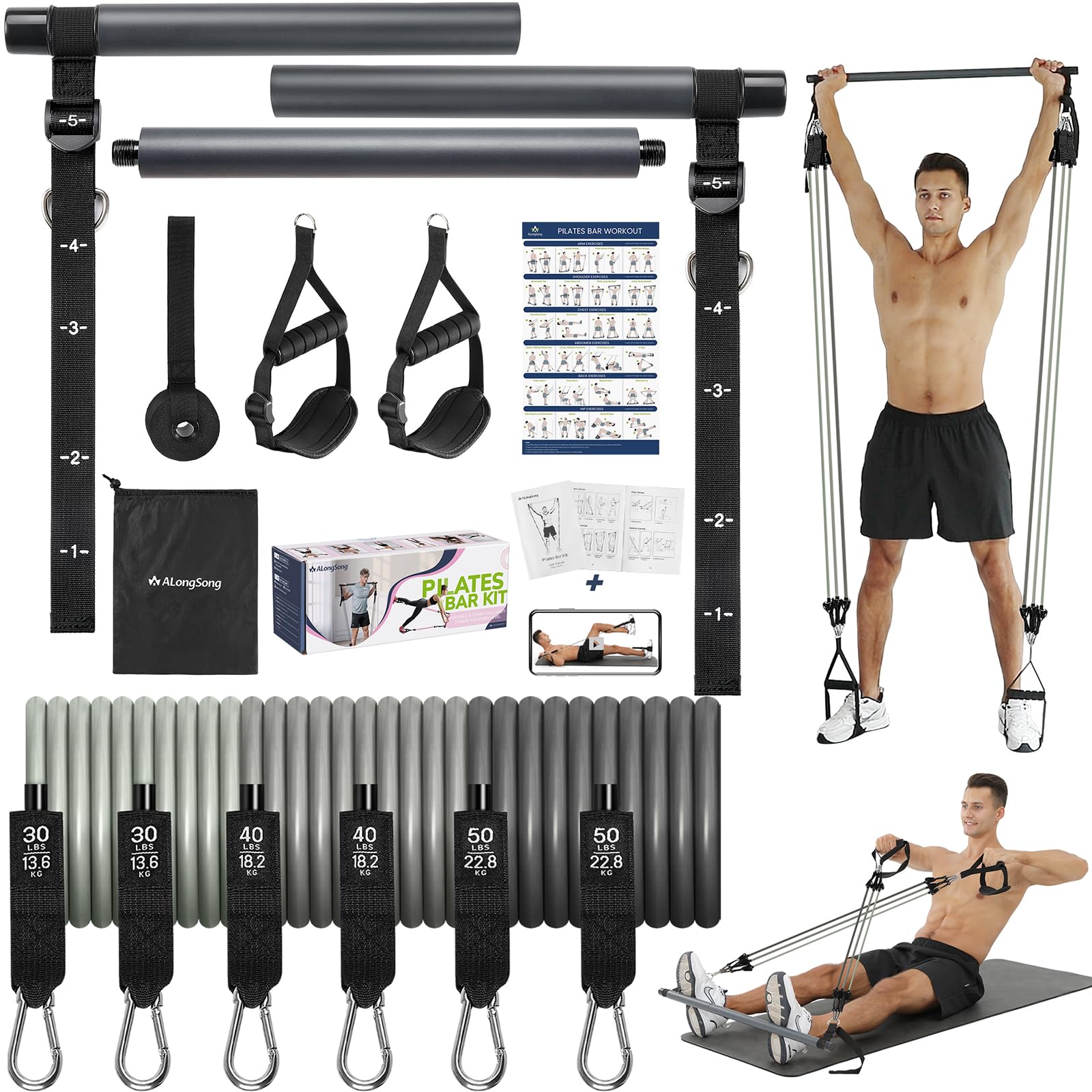 ALongSong Pilates Bar Set With 6 Latex Elastic Resistance Bands 30/40/50lbs 3 Section Pilates Bar Portable Home Workout Fitness For Yoga, Stretching,