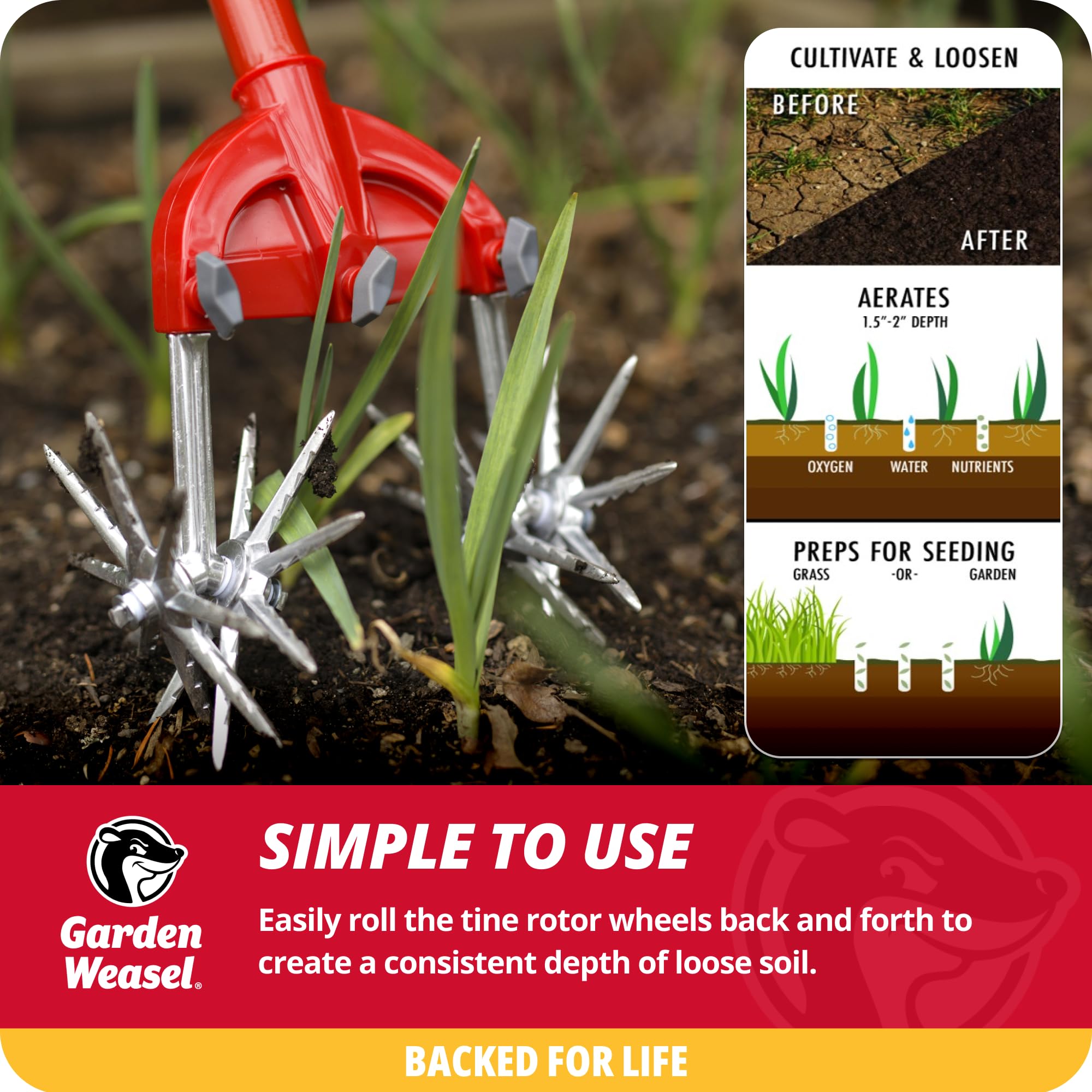 Garden Weasel Rotary Cultivator & Hand Tiller - 2-in-1 | Aerate, Weed, Cultivate, Plant, Reseed | Lawn Reseeding Garden Tool, Garden Soil Loosener |
