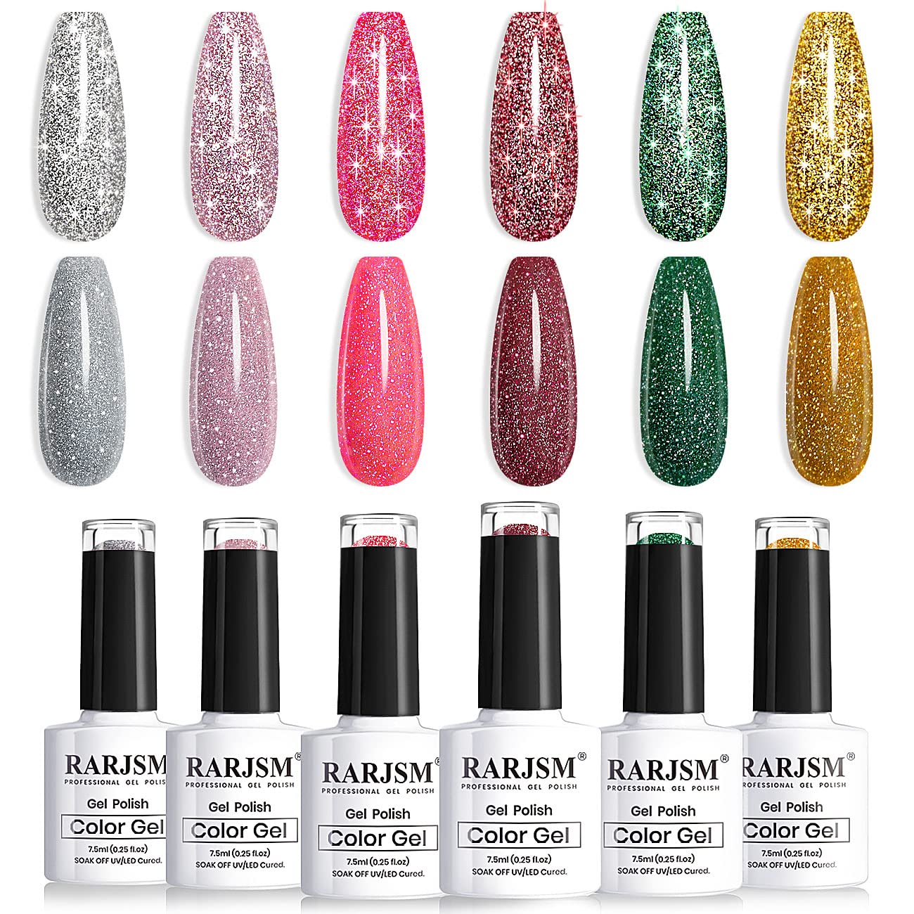 RARJSM Glitter Gel Nail Polish Set Reflective Sparkle Gelpolish Disco Diamond NailGel 6pcs Gold Hot Pink Green Red Sliver Gel Nail Art Varnish