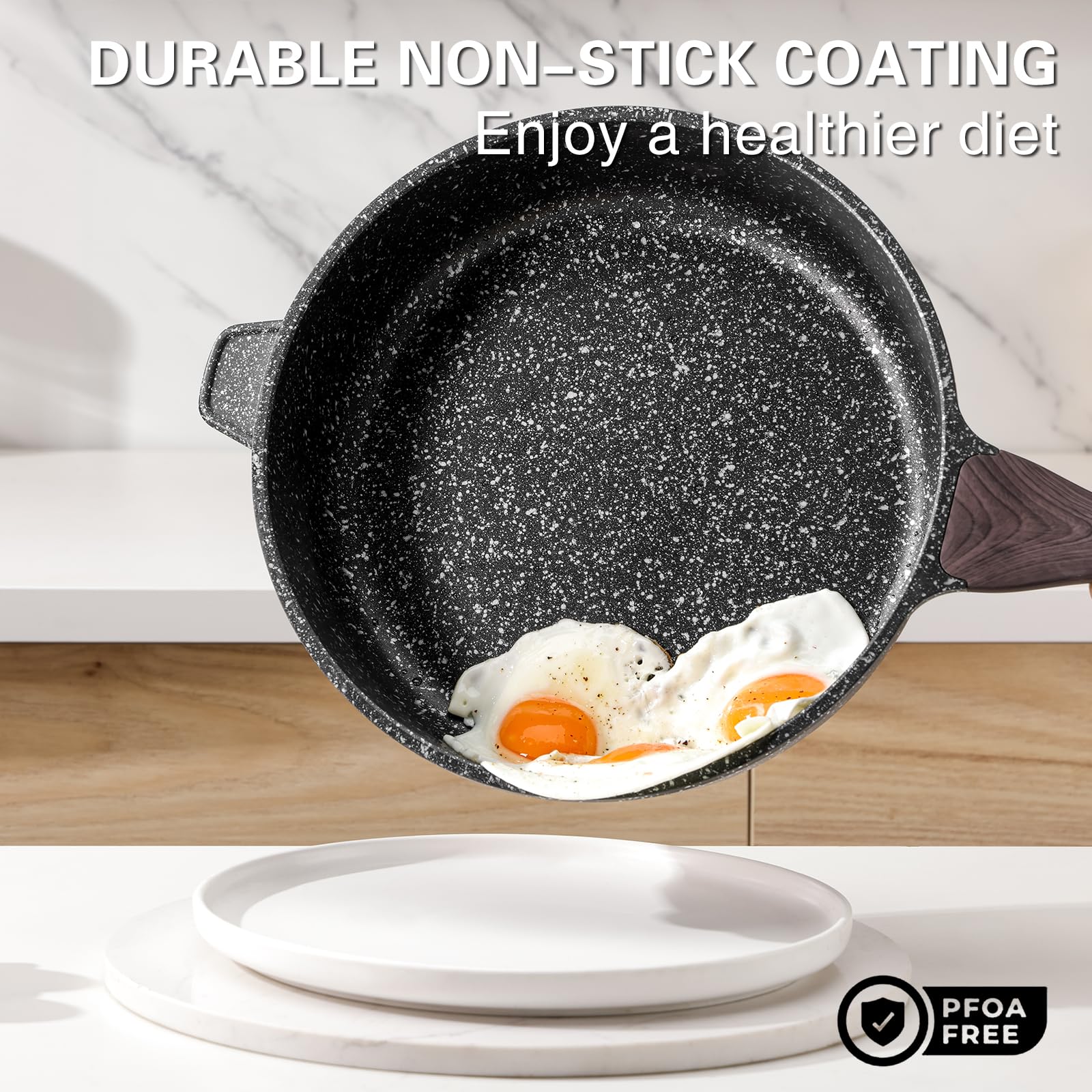 Kordisen Nonstick Deep Frying Pan, 26 cm Skillet with Lid, Granite Stone Saute Pan for Cooking, Induction Cookware, Compatible with All Stovetops,
