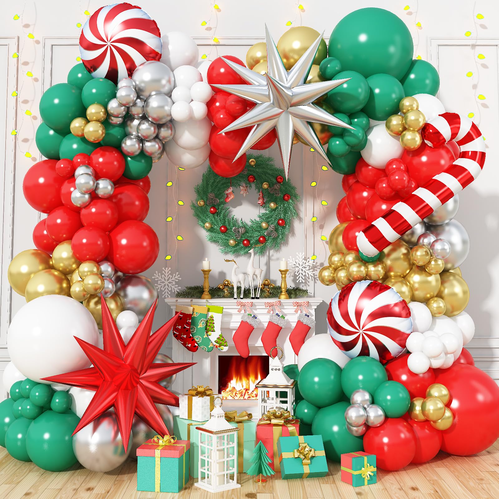 HILAVO Christmas Balloon Garland Arch Kit, 152PCS Red Green White Silver Gold Balloons Pinwheel Star Cane Foil Balloons for Christmas Winter Holiday