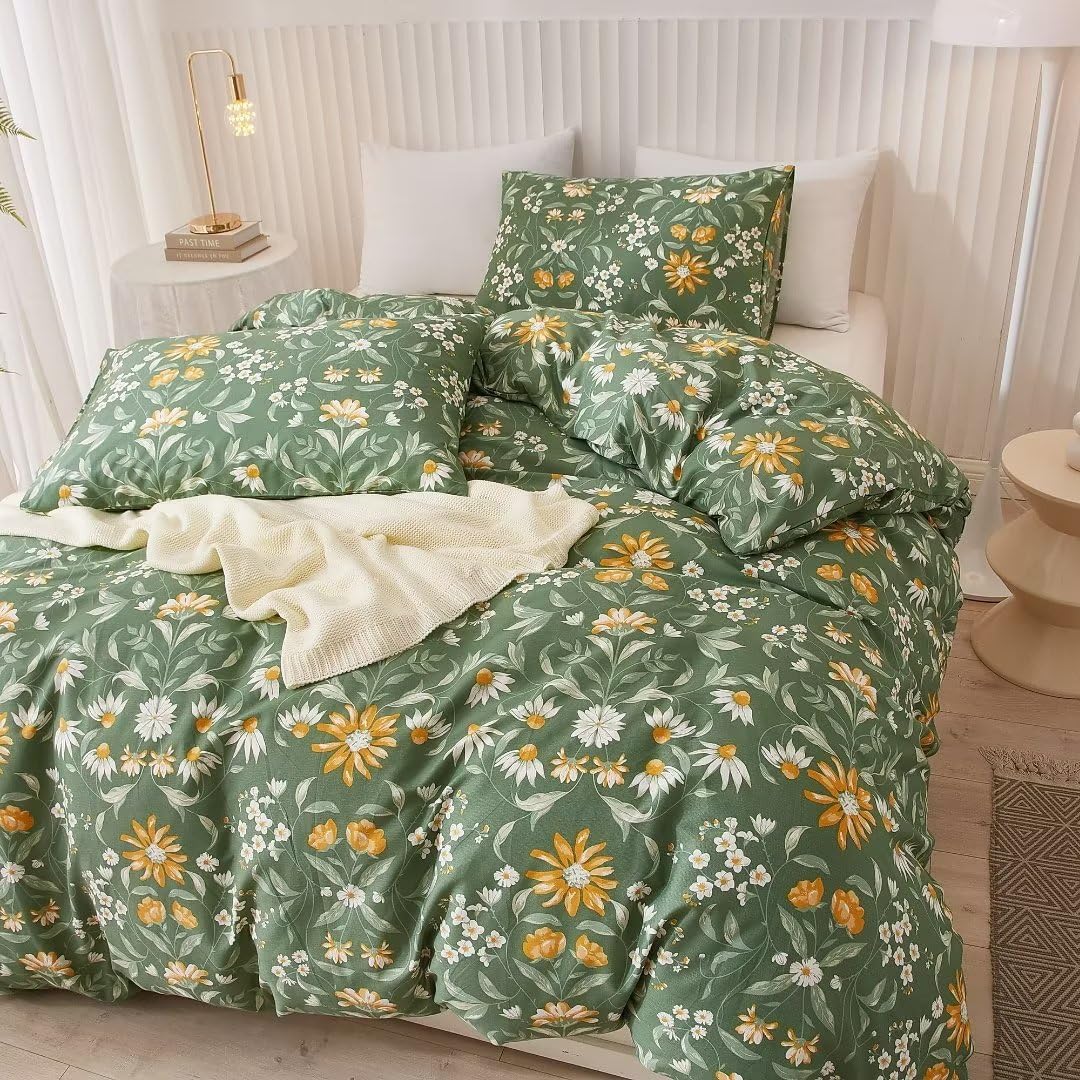 Ruccit Green Floral Duvet Cover Set King 100% Cotton Duvet Cover King Size Bed 3pcs Garden Yellow White Flowers Bedding Set with Zipper Closure Corner
