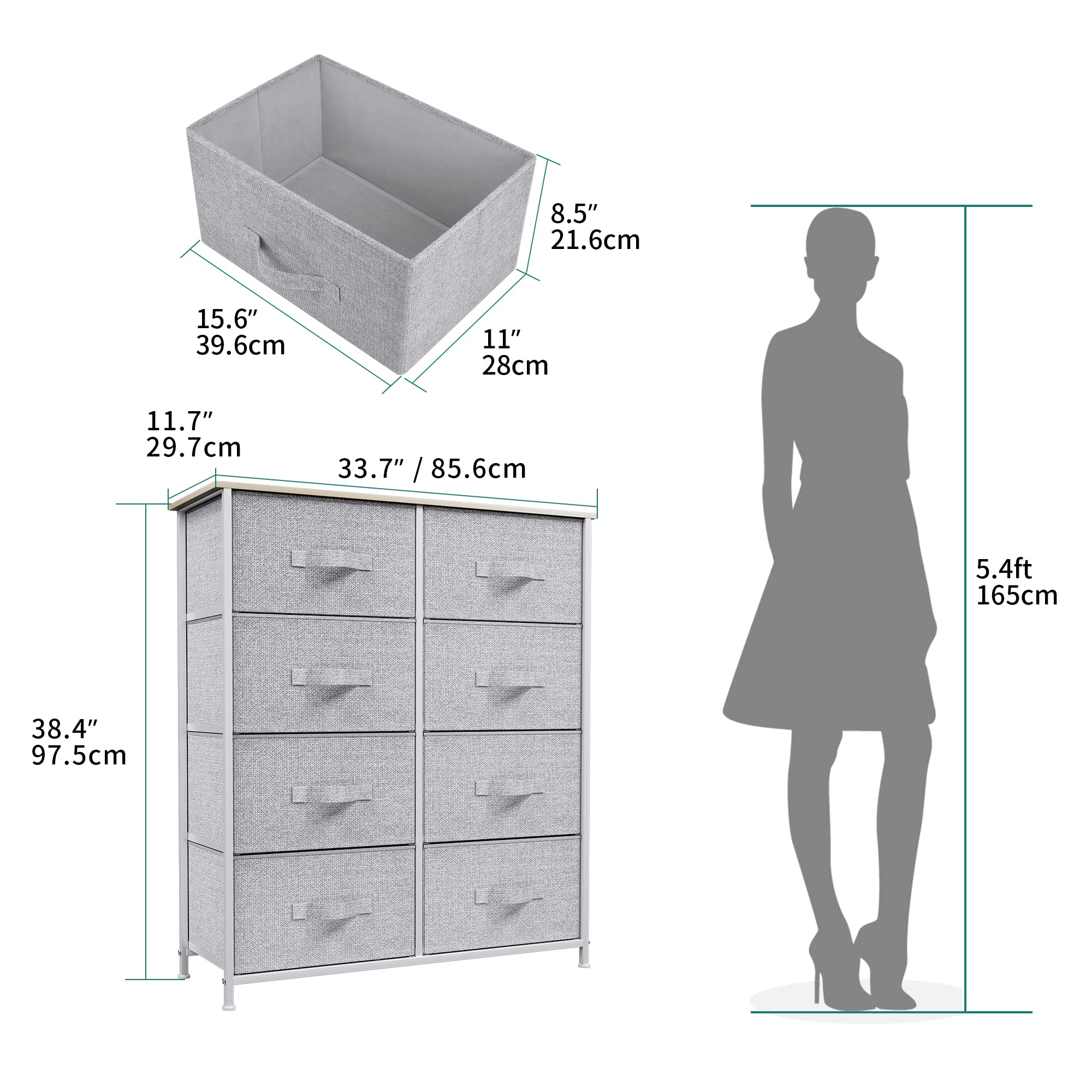 YITAHOME Chest of Drawers with 8 Drawers,Bedroom Drawers, Fabric Dresser with Wood Top,Drawer storage unit for for Bedroom, Living room, Light Grey