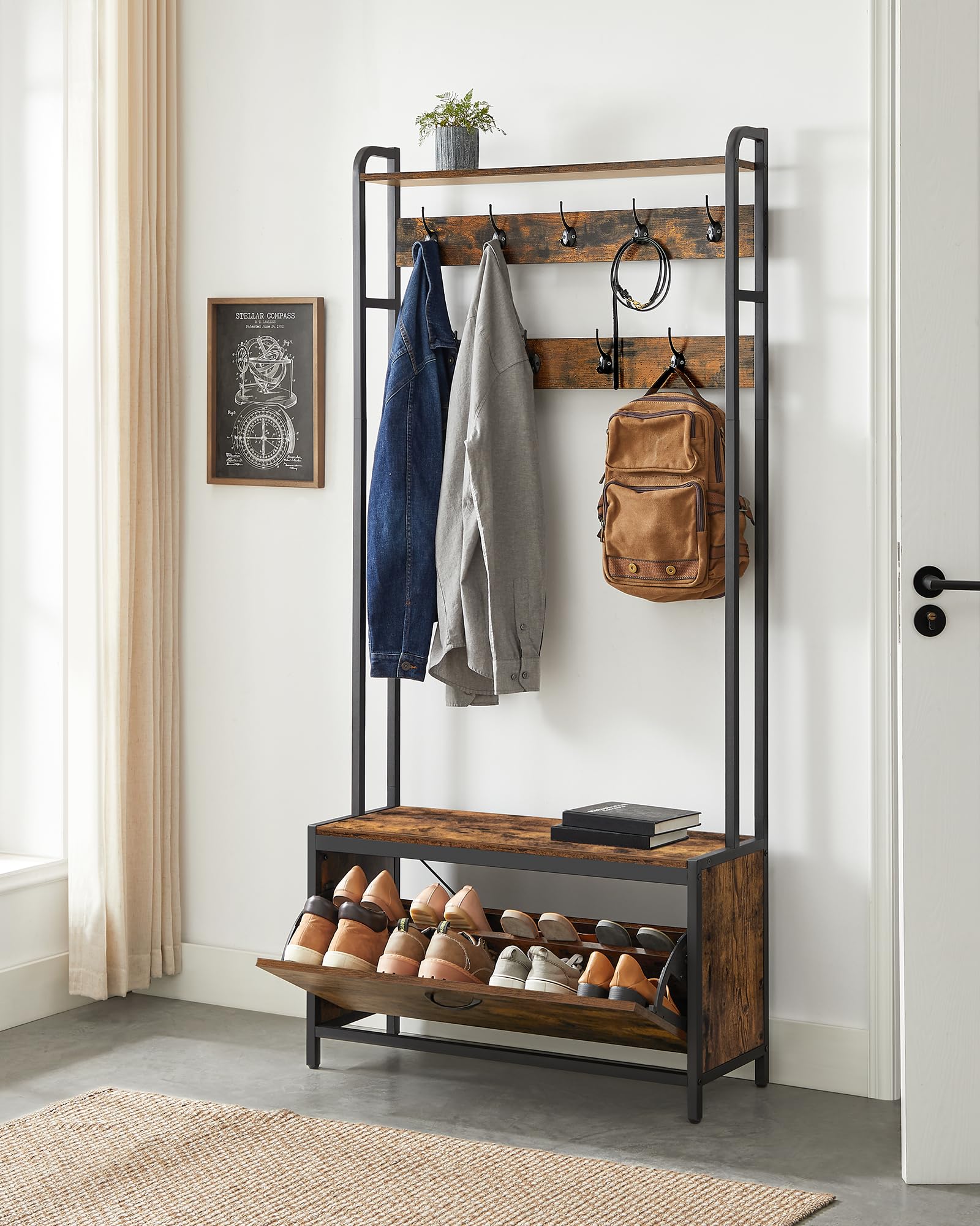 VASAGLE Coat Rack with Shoe Storage, Hall Tree with Bench, 9 Hooks and Top Shelf, for Hallway, Bedroom, Industrial Style, Rustic Brown and Ink Black