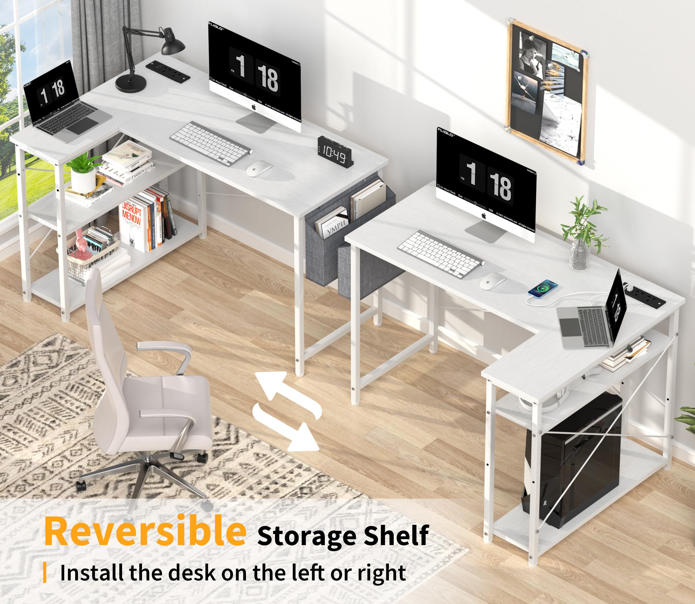Yornoli L Shaped Computer Desk with Power Outlet, 118CM Corner Office Desk for Small Spaces with Storage Shelves, Study Work Writing Table for Home