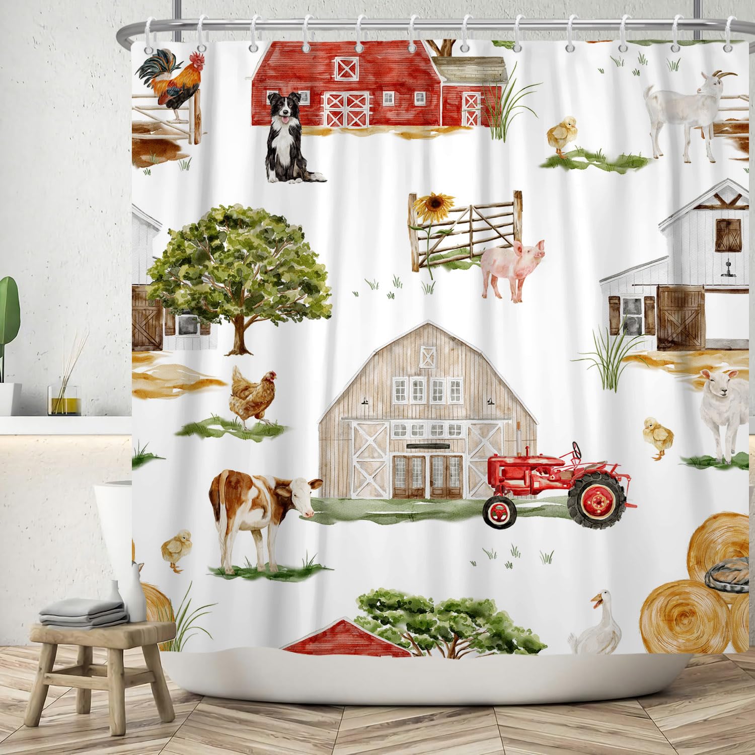 Farm Shower Curtain 180 x 180 cm, ASDCXZ Rustic Farm Red Barn Animal Pig Chicken Cow Dog Sheep Washable Shower Curtains Polyester Textile Waterproof