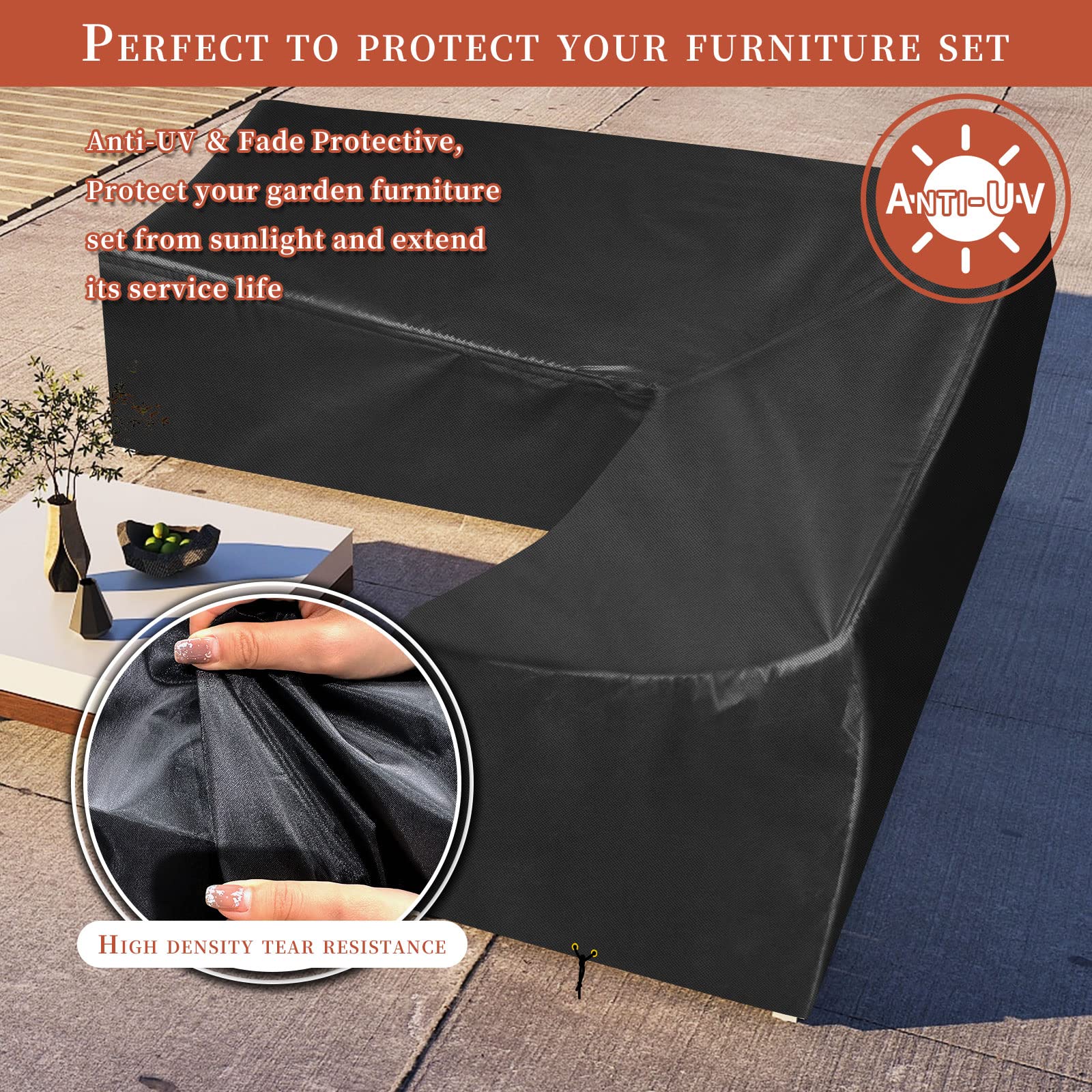 RICHIE L-Shape Garden Furniture Covers Waterproof, Outdoor Patio Rattan Corner Sofa Cover, L Shape Garden Sofa Covers Heavy Duty Windproof Rip Proof
