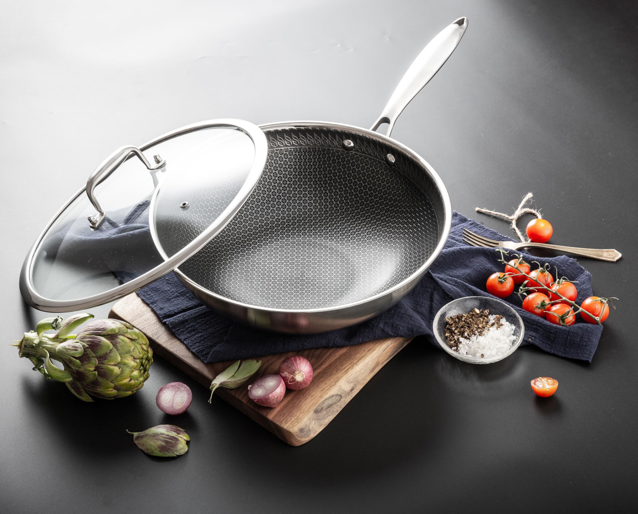 INTIGNIS Wok with Oven-Safe Lid - Anti Scratch Kitchen, for Sauting, Roasting, Broiling Large 30cm Stainless-Steel Skillet - German GREBLON