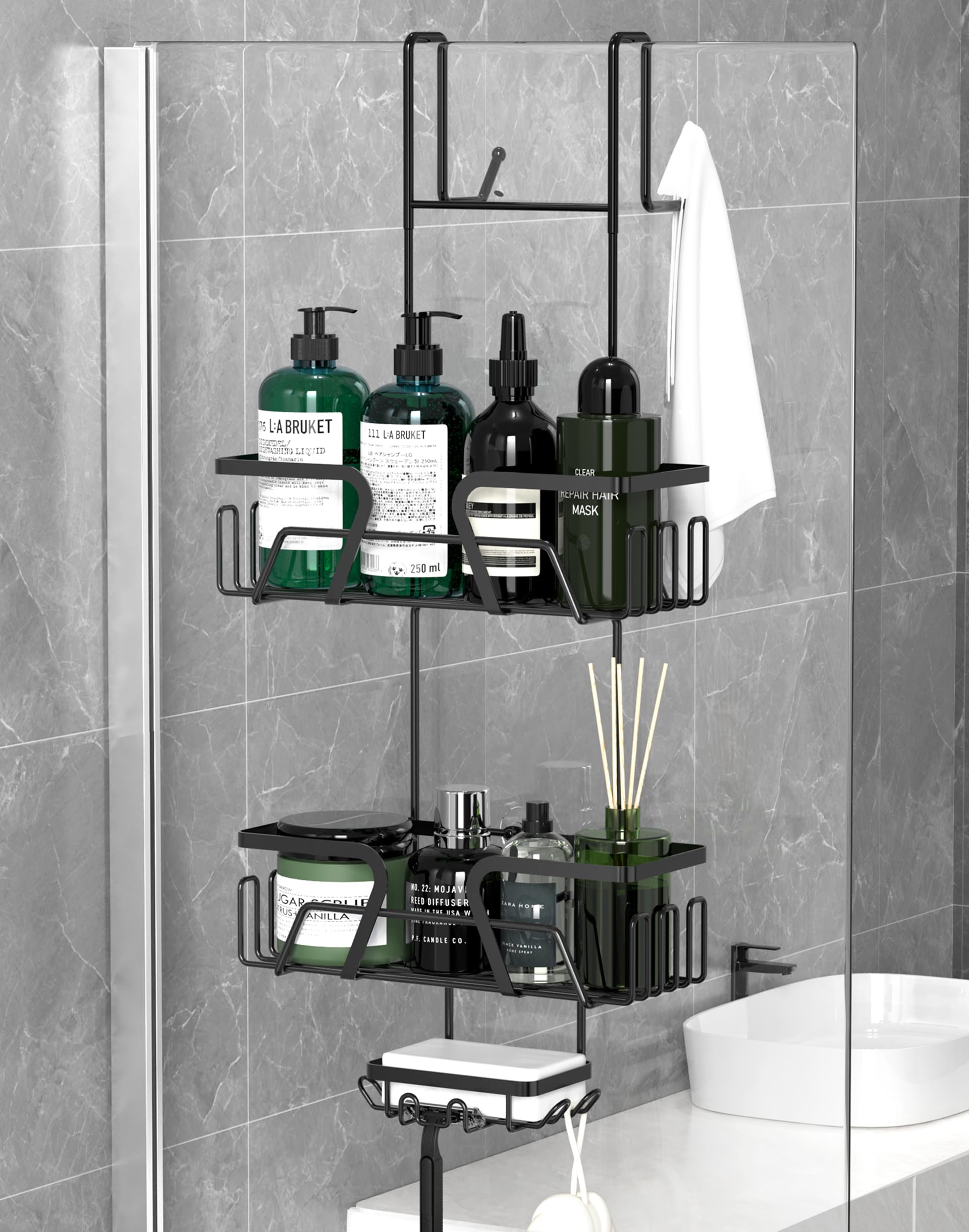 Daoun Shower Caddy Hanging, Shower Shelf No Drilling Shower Organiser Stainless Steel Rustproof with Soap Dish, 2 Tier Shower Storage for Razor Soap