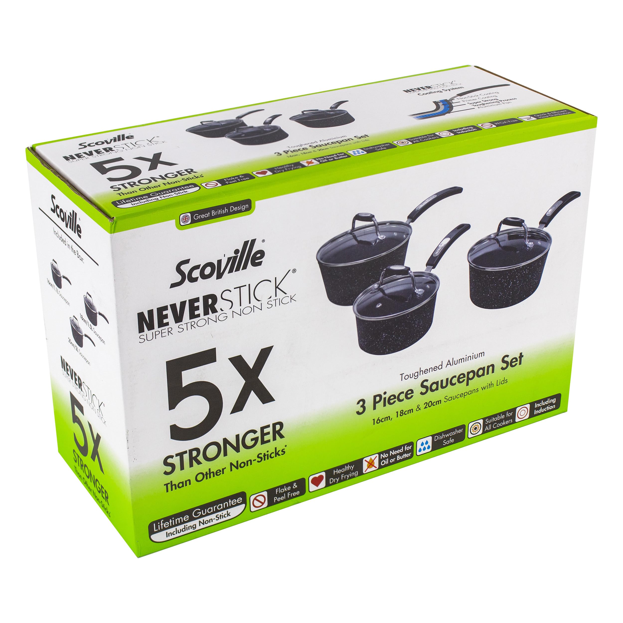 Scoville NEVERSTICK 3pcs Saucepan Set with Lids, Non Stick Saucepan Set, 16/18/20cm Saucepans, Suitable for All Hobs Including Induction, PFOA Free,