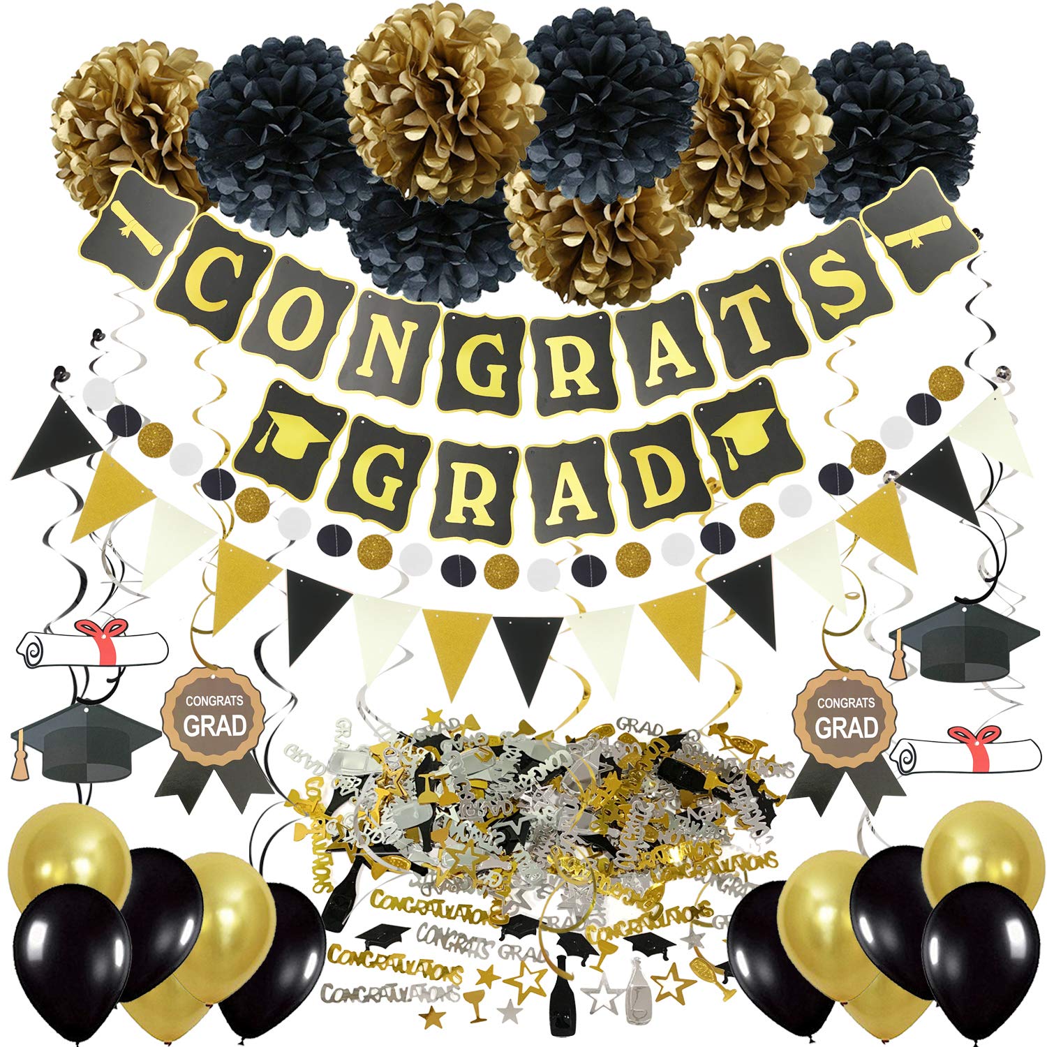 ZERODECO Graduation Decorations, Black and Gold Congrats Grad Banner Paper Pompoms Hanging Swirls Graduation Confetti Paper Garland Party Balloons for