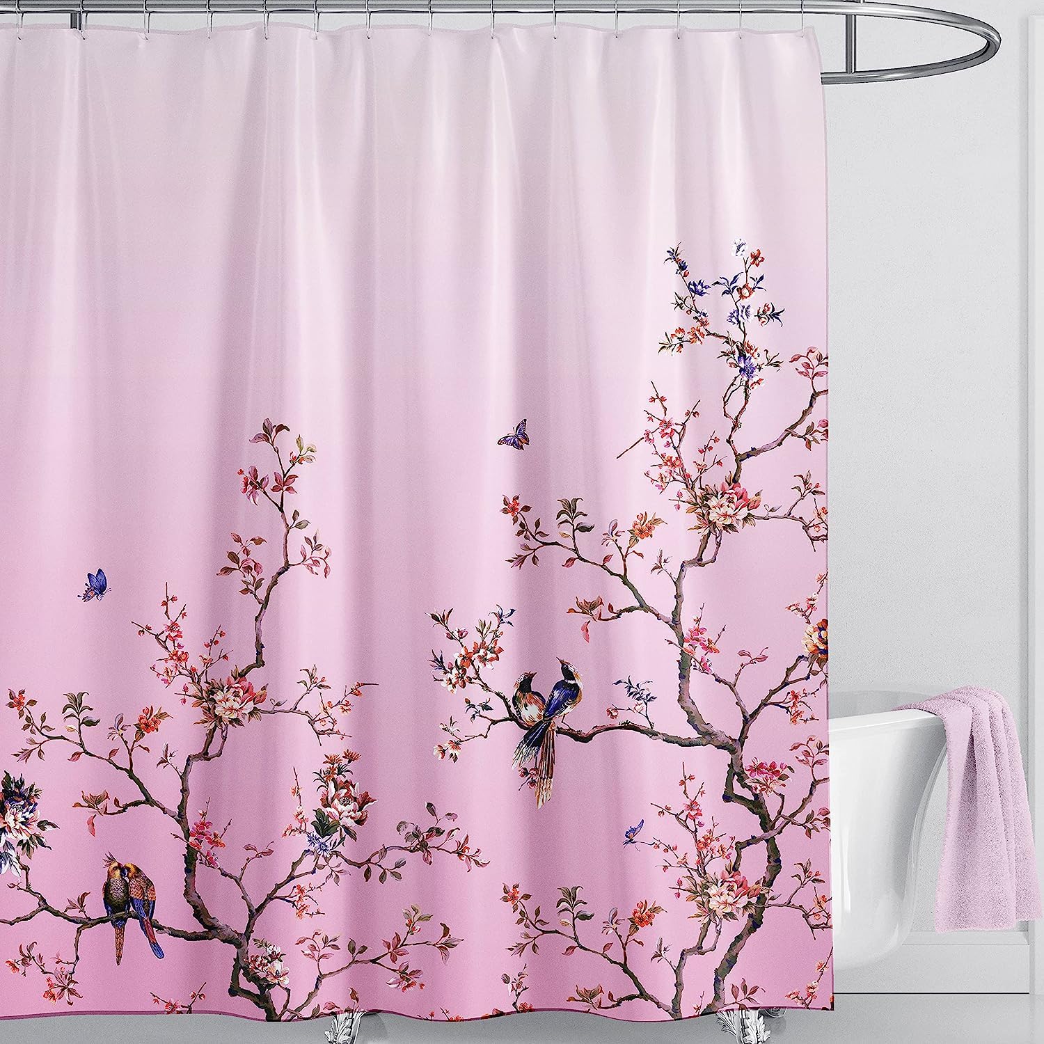 LIVETTY Pink Bird Floral Shower Curtain 180cm ? 200cm Mould Proof Butterfly Fabric Bathroom curtain For Women & Men With 12 Hooks Washable