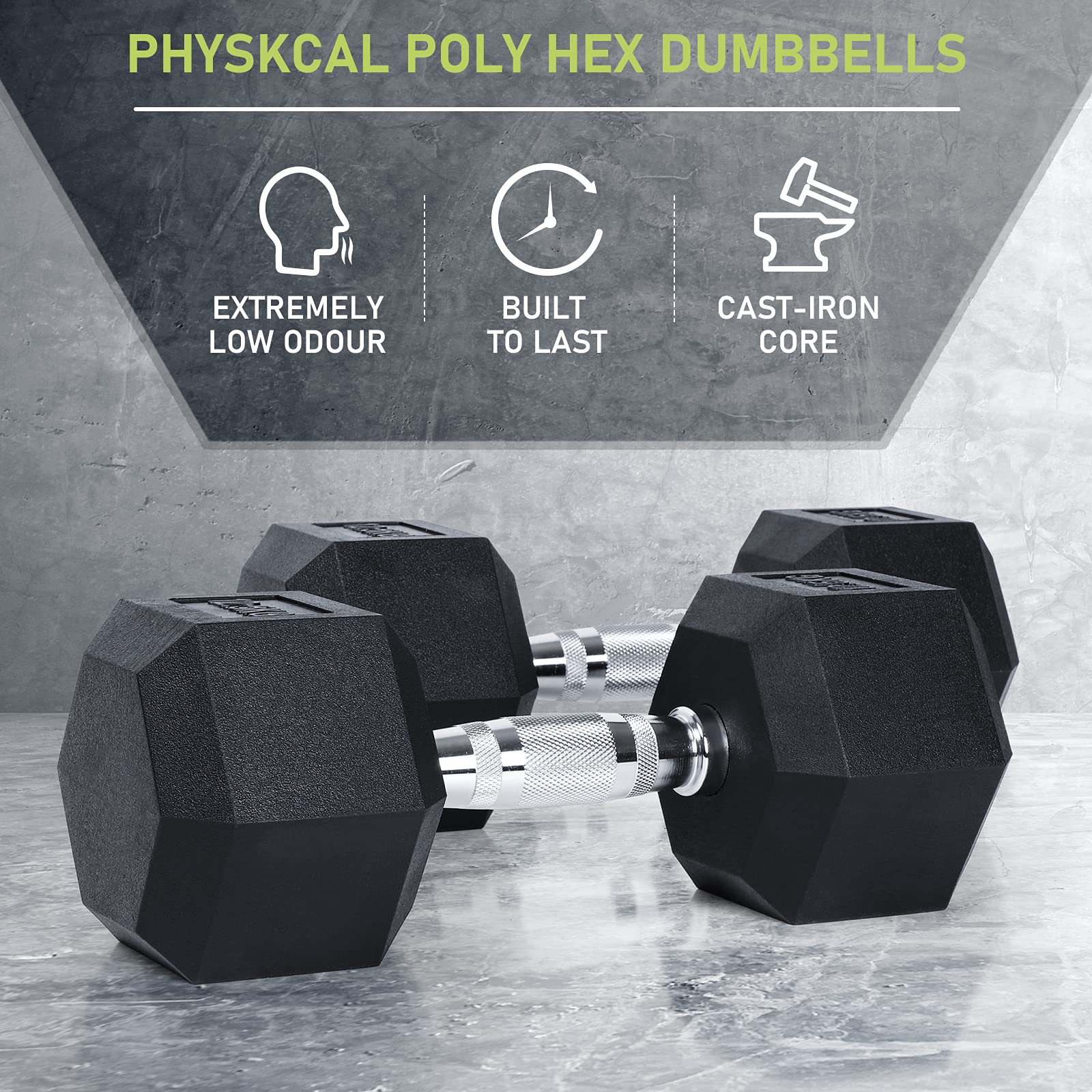 PhysKcal Hex Dumbbells Set 17.5kg Single, Odourless Poly Rubber Encased Dumbbells 2.5KG~20KG Pair or Single Home Gym Weights Set