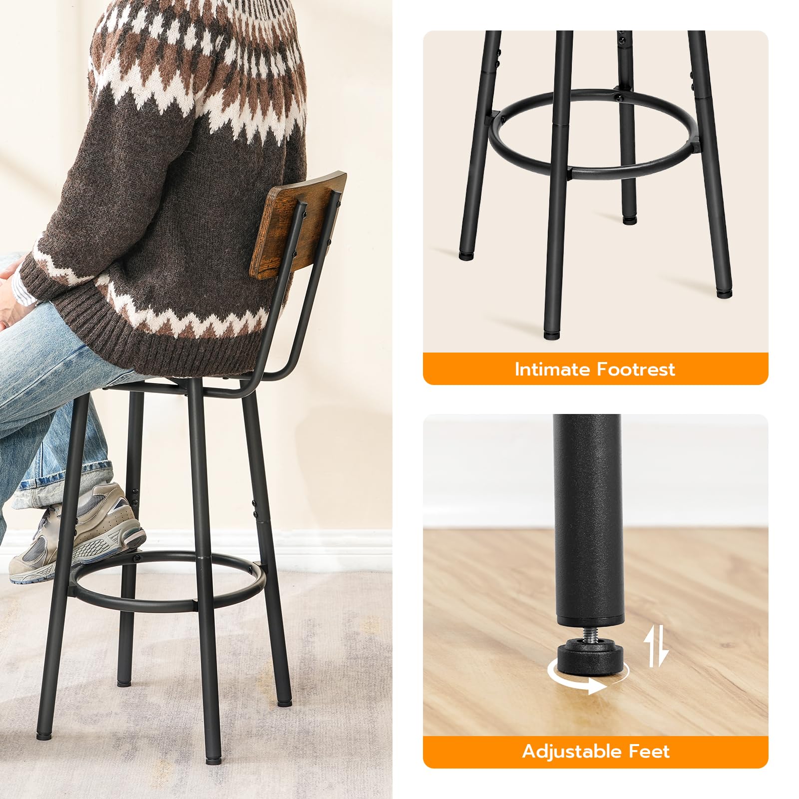 HOOBRO Bar Stools Set of 2, Breakfast Bar Stools, Kitchen Stools with Backs and Footrest, High Bar Chairs for Dining Room, Party, Rustic Brown
