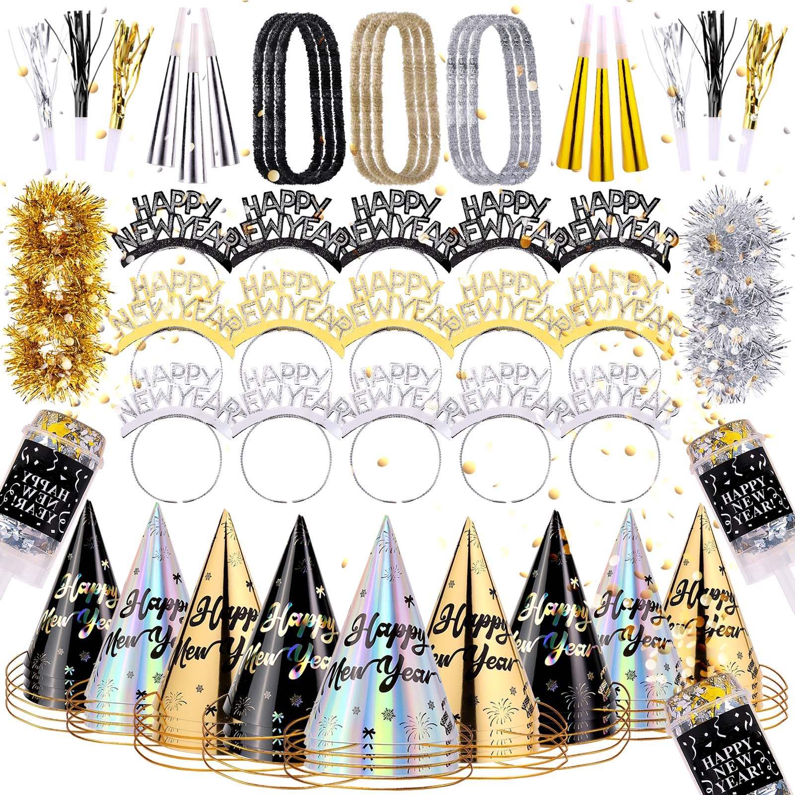 Auihiay 269 PCS New Years Eve Decorations | Includes Happy New Year Tiaras, Cone New Years Eve Hats, Bracelets, Horns, Squawkers, Leis & More | Great