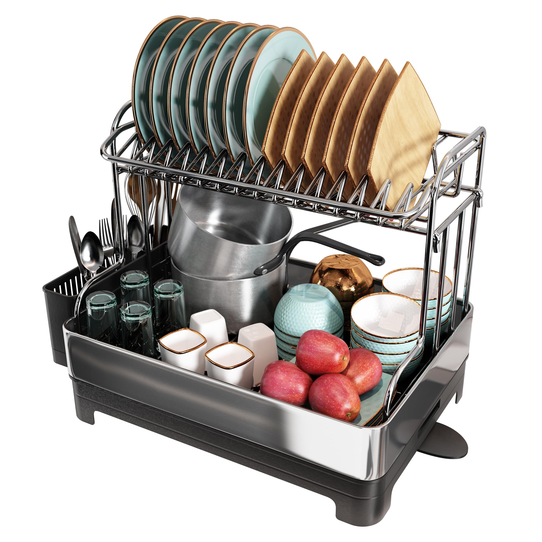romision 2 Tier Dish Drying Rack, Large Dish Rack with 360 Swivel Spout, 304 Stainless Steel Dish Drainer Rack, Draining Board Rack for Kitchen